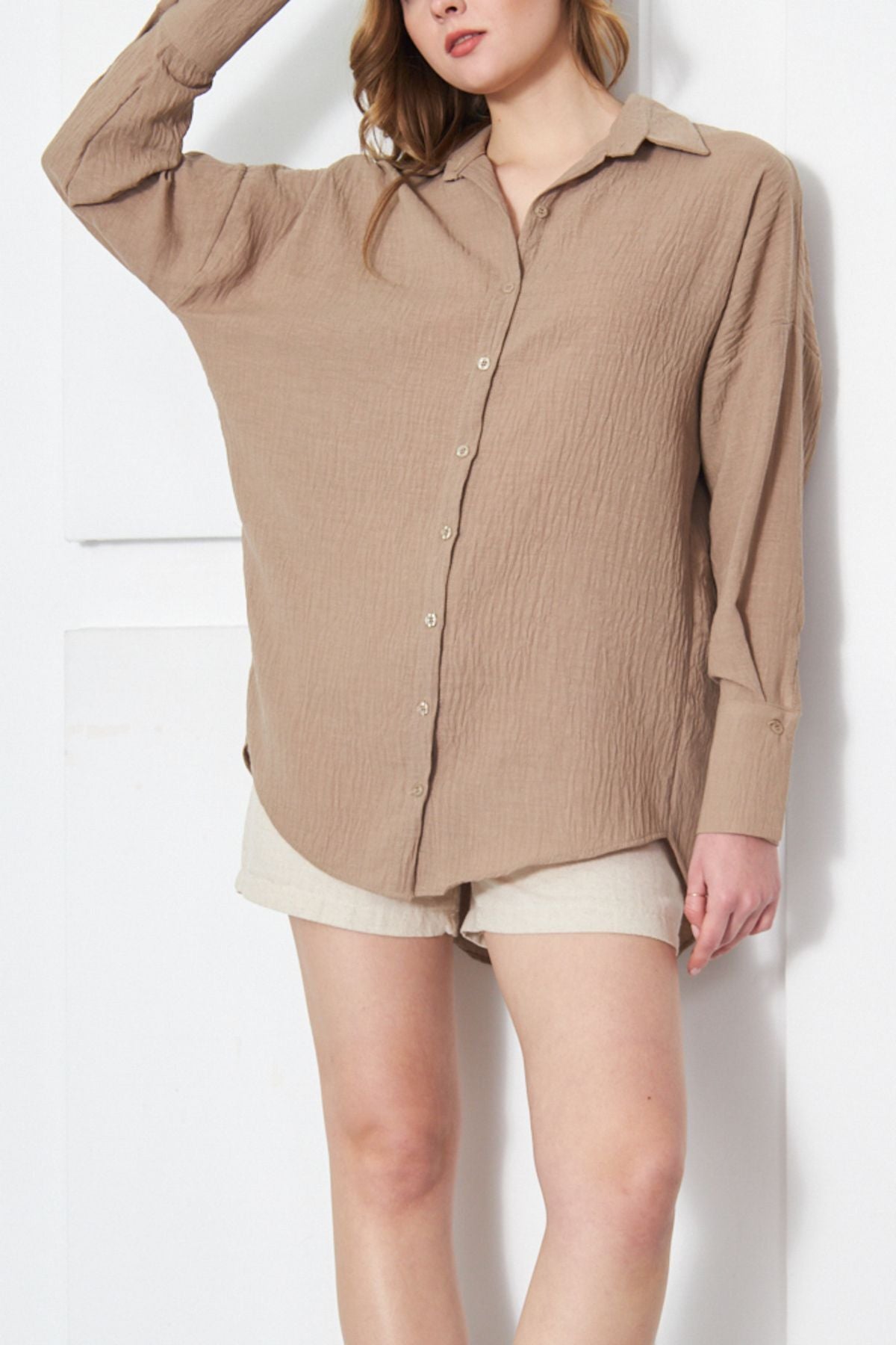 Woman Light Coffee Oversize Fined Linen-looking large cuff shirt ARM-24K001001