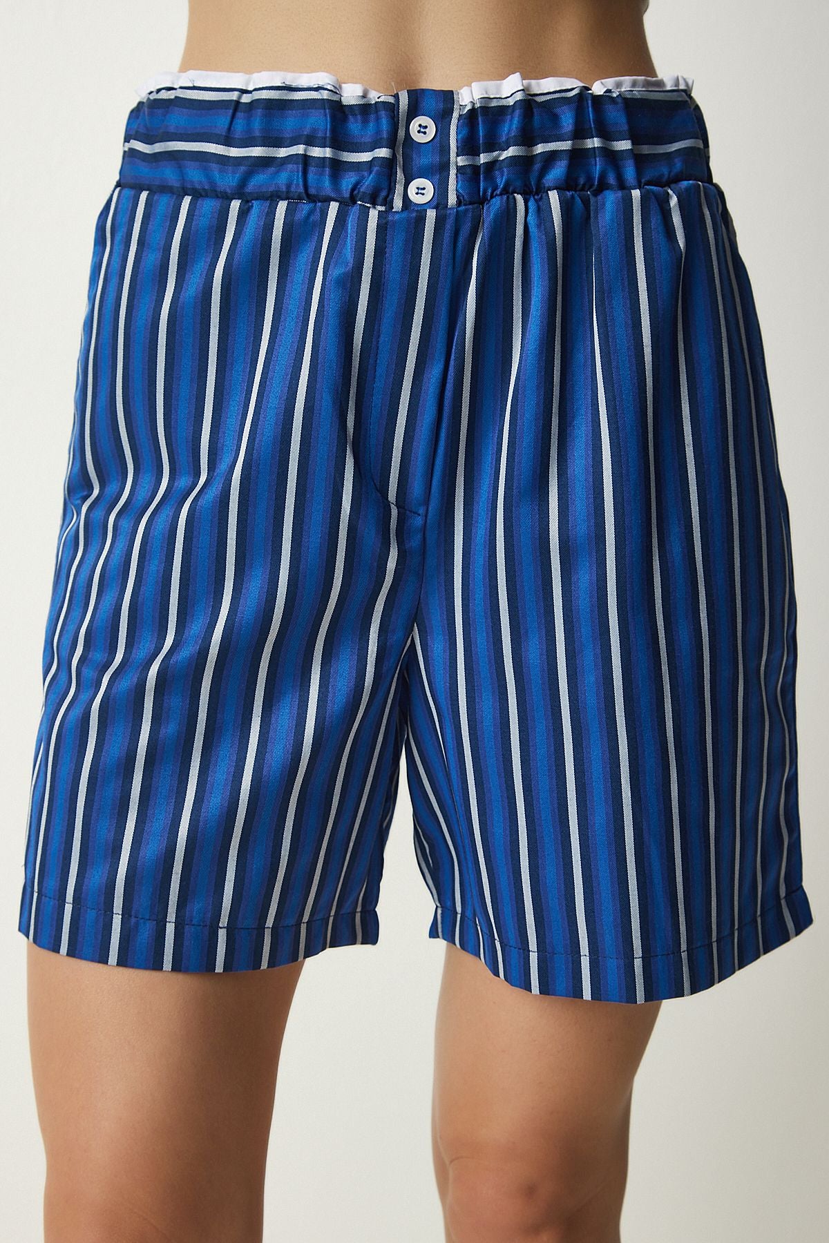 Women's Blue Striped Satin Surface Shirt Short Set US00914
