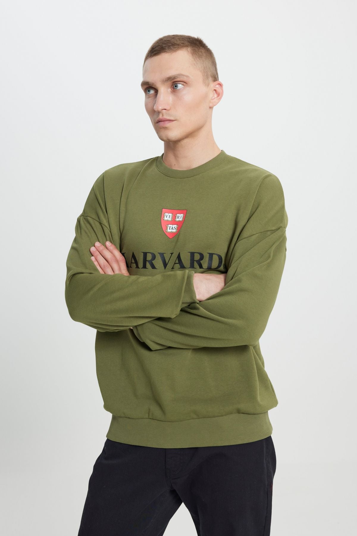 Men's Khaki Harvard licensed 3 thread cotton overwheeling fit abundant cut bicycle collar sweatshirt