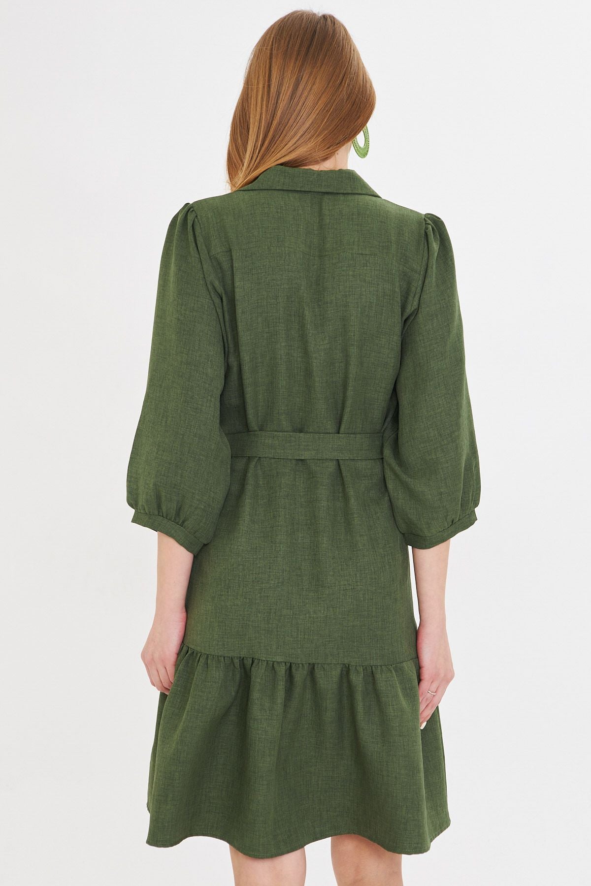 Female Green Shirt Neck Quarter Arm Waist Belled Skirt Shirred Dress ARM-25Y001010