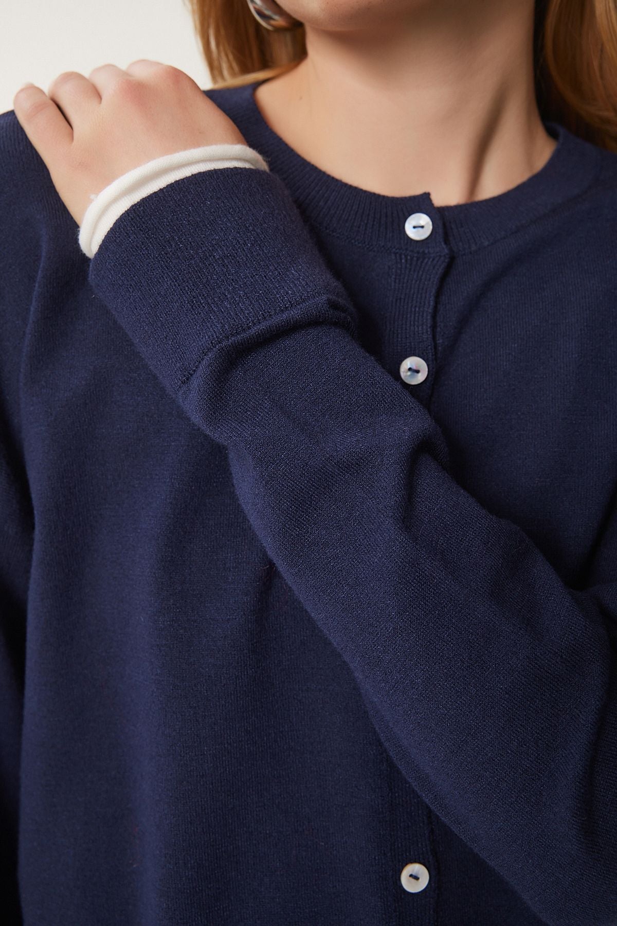 Women's Navy Blue Contrast Ribbon Detail Triko Cardigo US00953