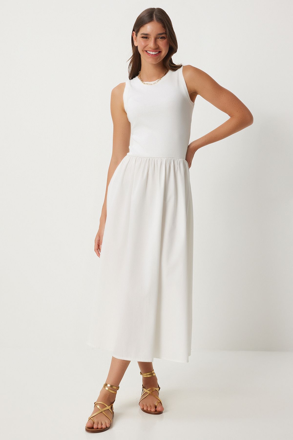 Woman White Sleeveless Weave Dress FN03257