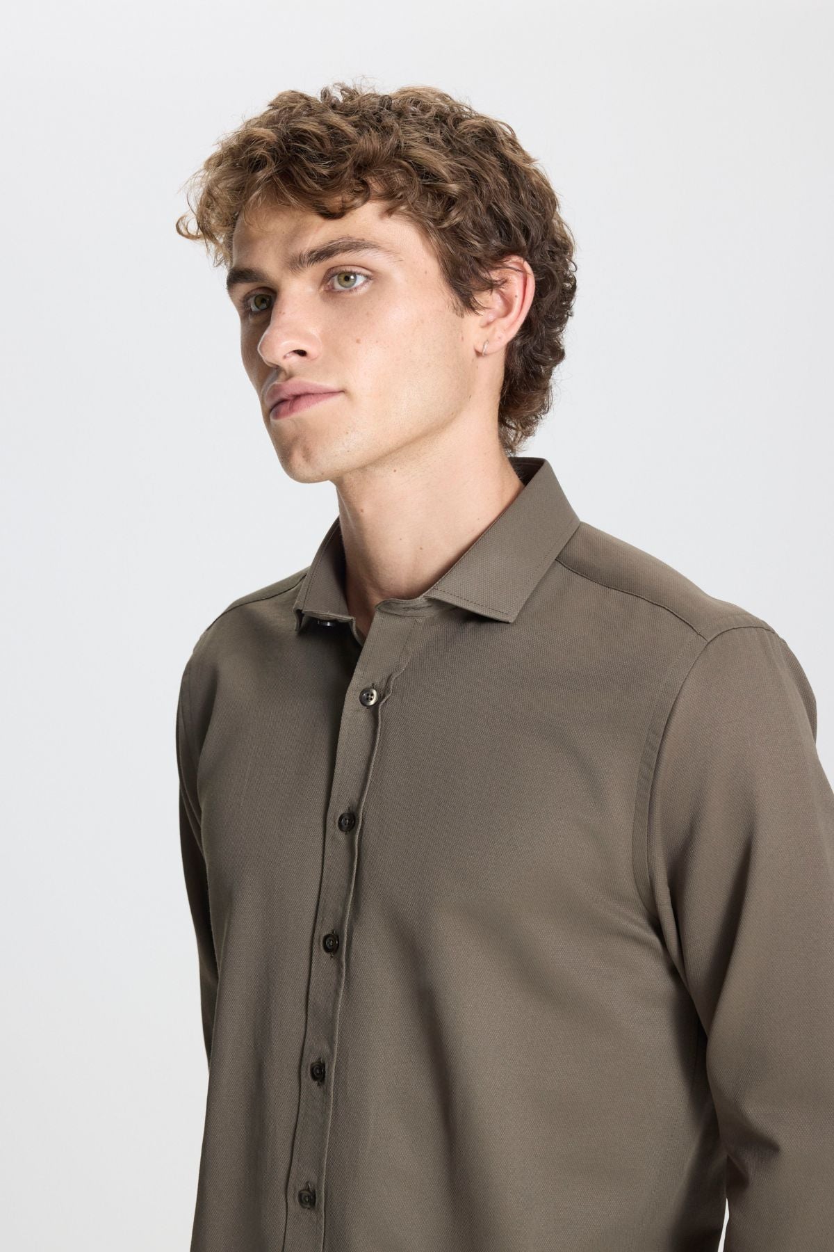 Men's Khaki Easy ironing Slim Fit Narrow Cutting Italian collar Achaequal Shirt