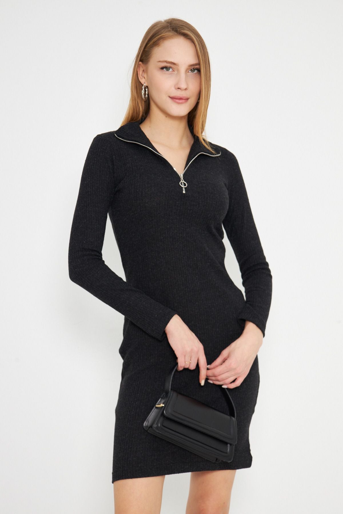 Female black collar zipper Kashkorse Knee Dress ARM-24Y001001