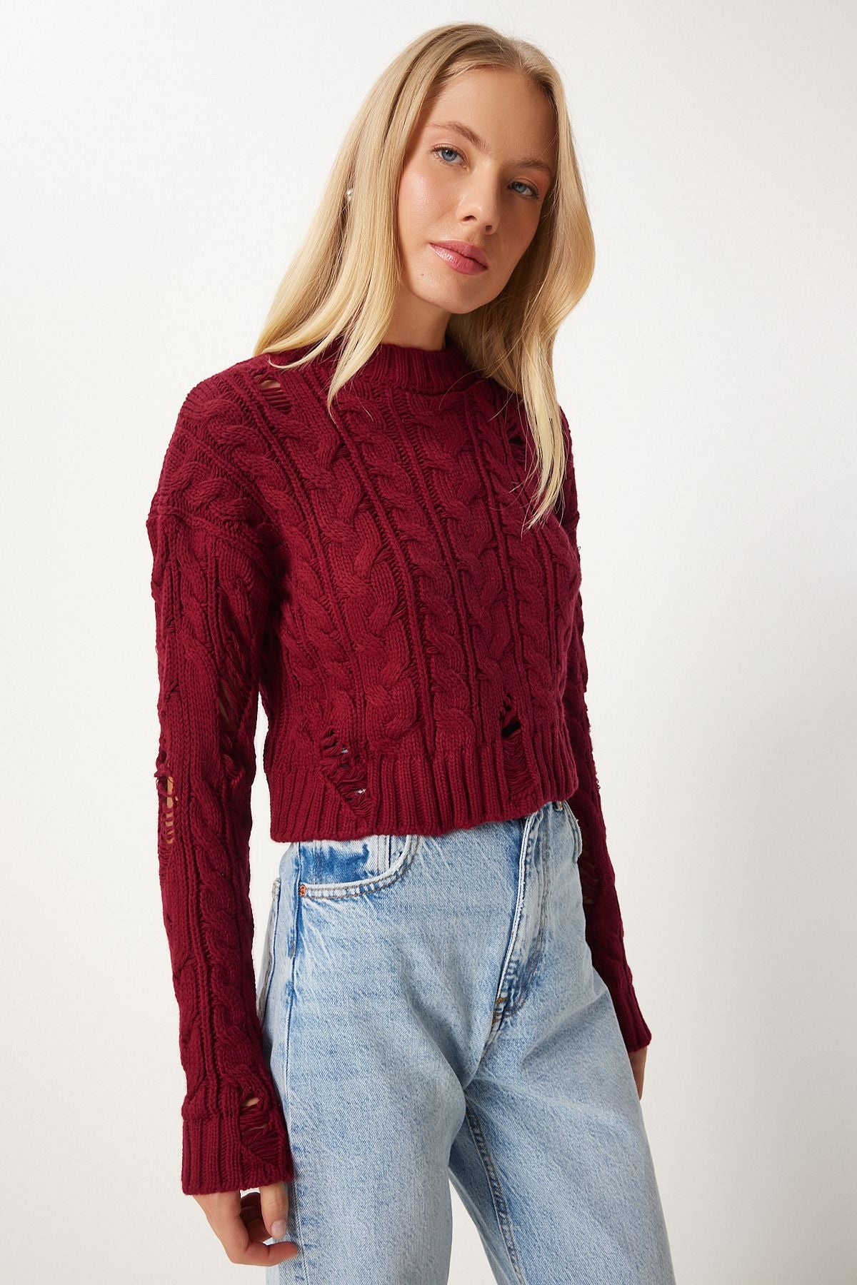 Female Bordeaux Ripped Detailed Braided Knitwear Sweater FN03339