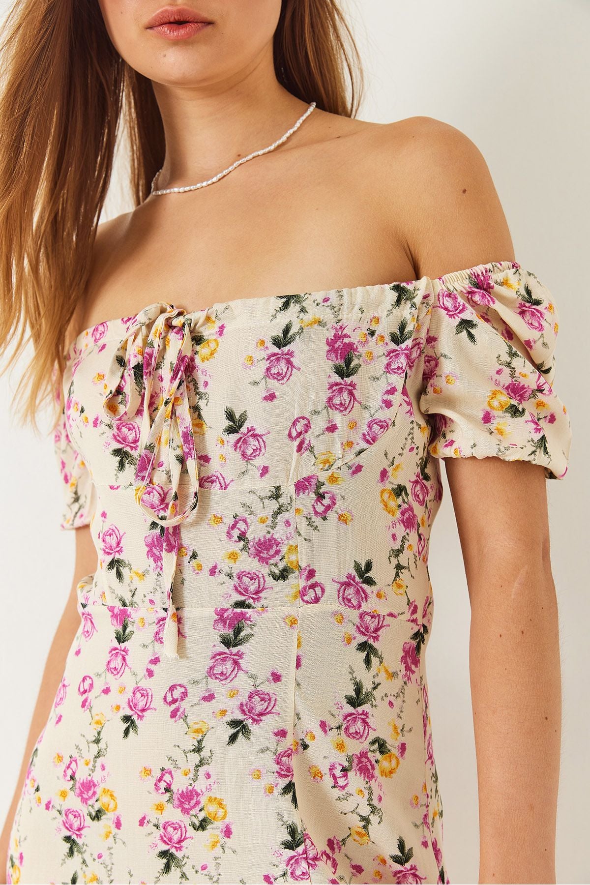 Female Baglama Neck Slit Detailed Patterned Midi Viscose Dress 60261492
