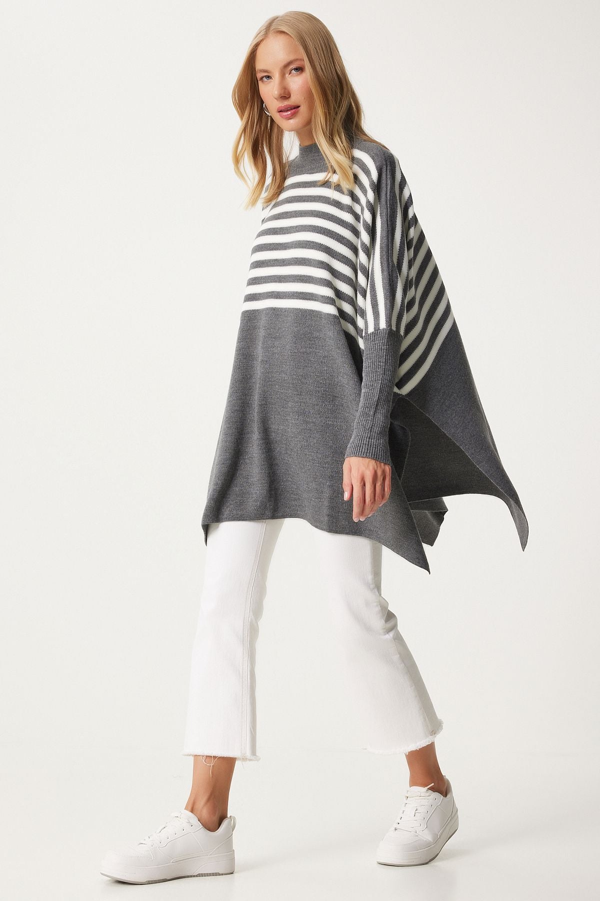 Women's gray striped side slit overlawing poncho sweater DD01336
