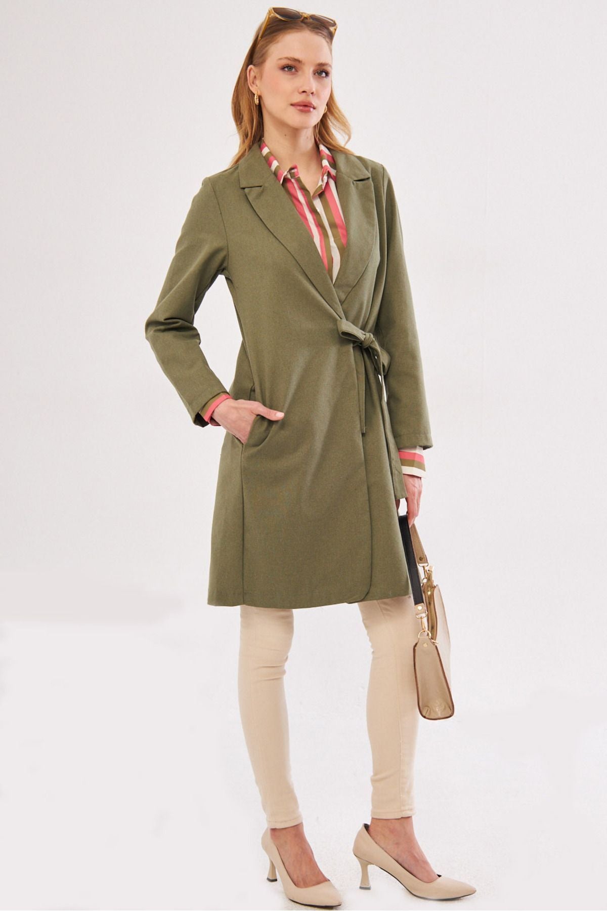 Women's Khaki side-binding long coat ARM-24Y001019