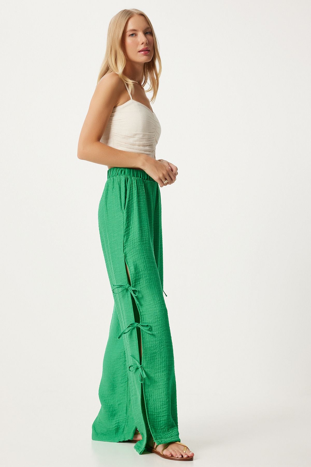 Female Green Bow Slit Flax Pants FN03298
