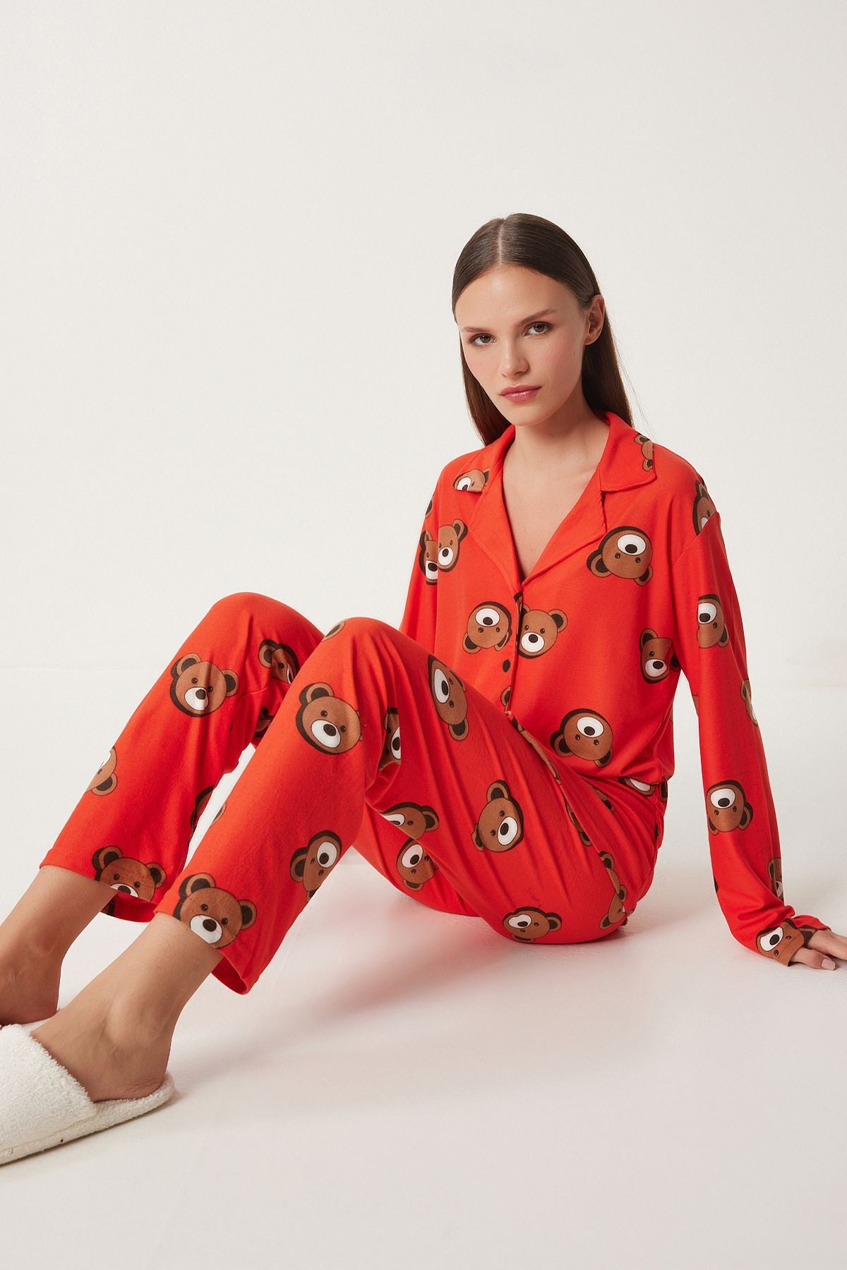Woman Red Patterned Velvet Textured Knitting Pajama Set FP00008