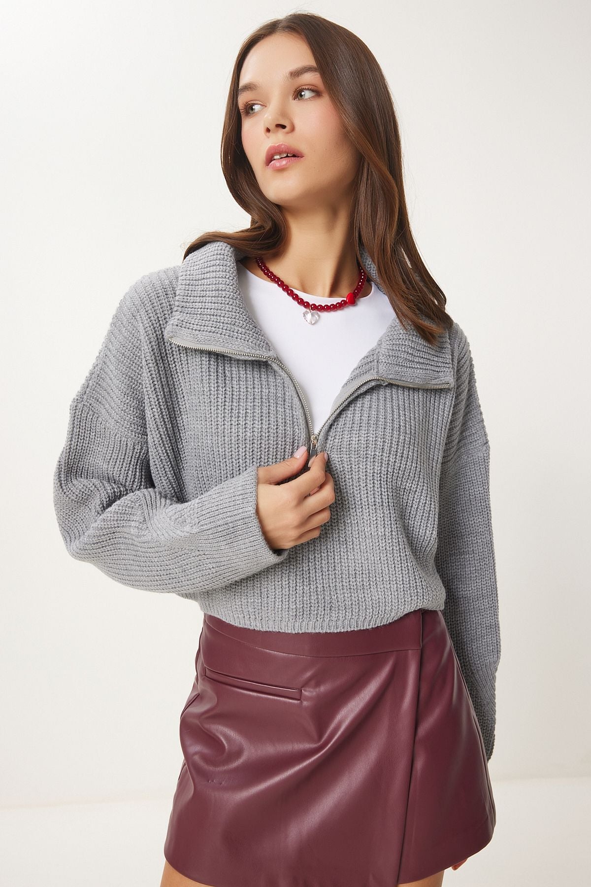 Women's Gray Zippered Fisherman Yaka Knitwear Kazakh MX00124