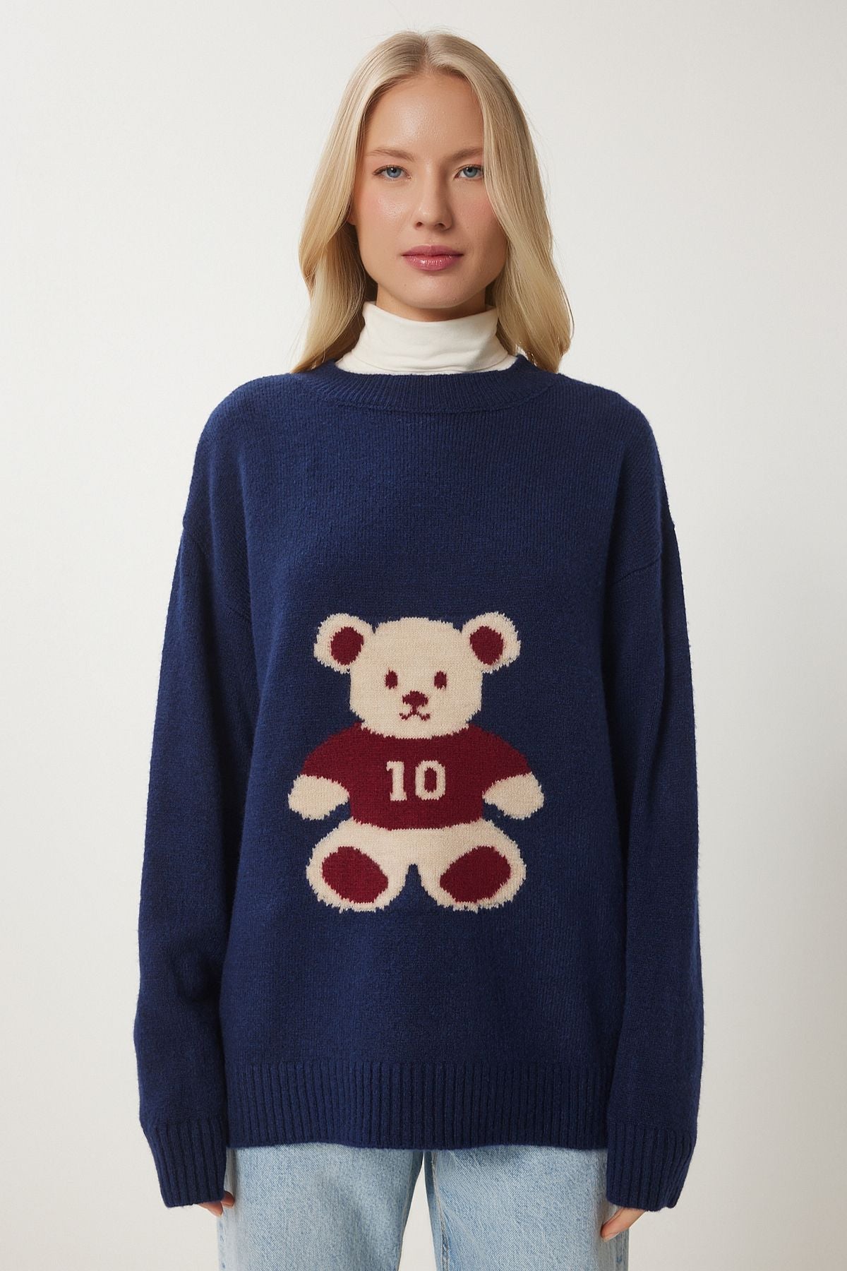 Woman Navy Blue Teddy Tattered Soft Knitwear Sweater MX00177
