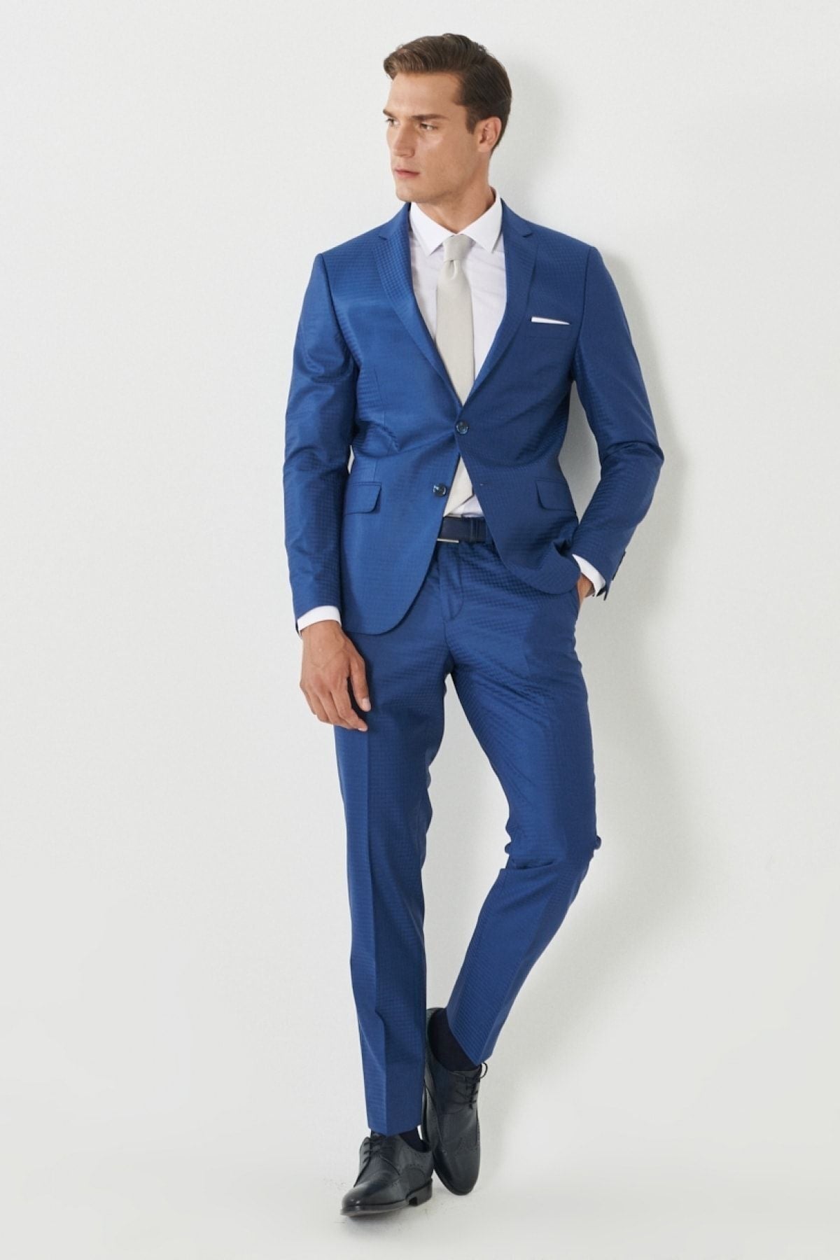 Men's blue extra woolen slim fit narrow cut Mono collar checkered blue suit