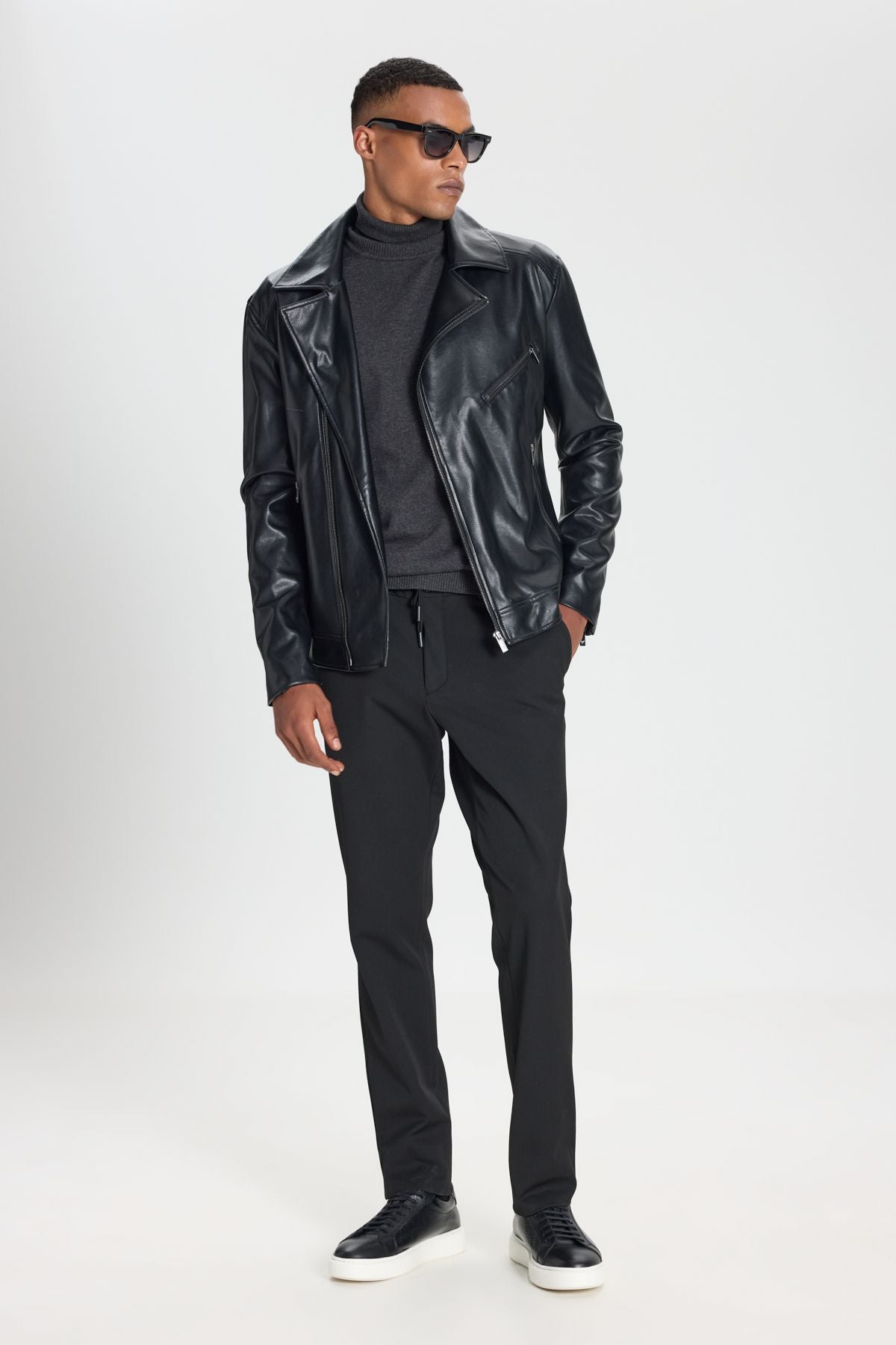Men's Black Leather Jacket Zipper Standard Fit Normal Cut Cruve Croissant Collar