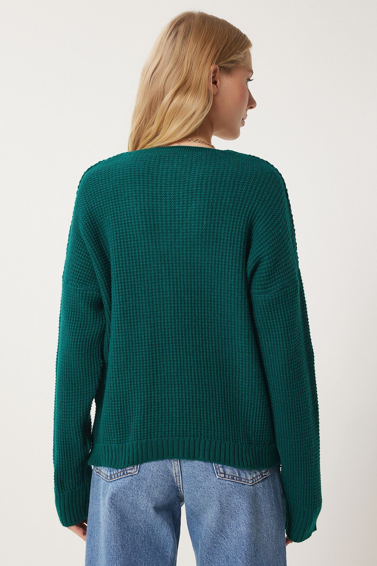 Female Emerald Green V -Neck Heart Textured Knitwear Cardigan KG00011