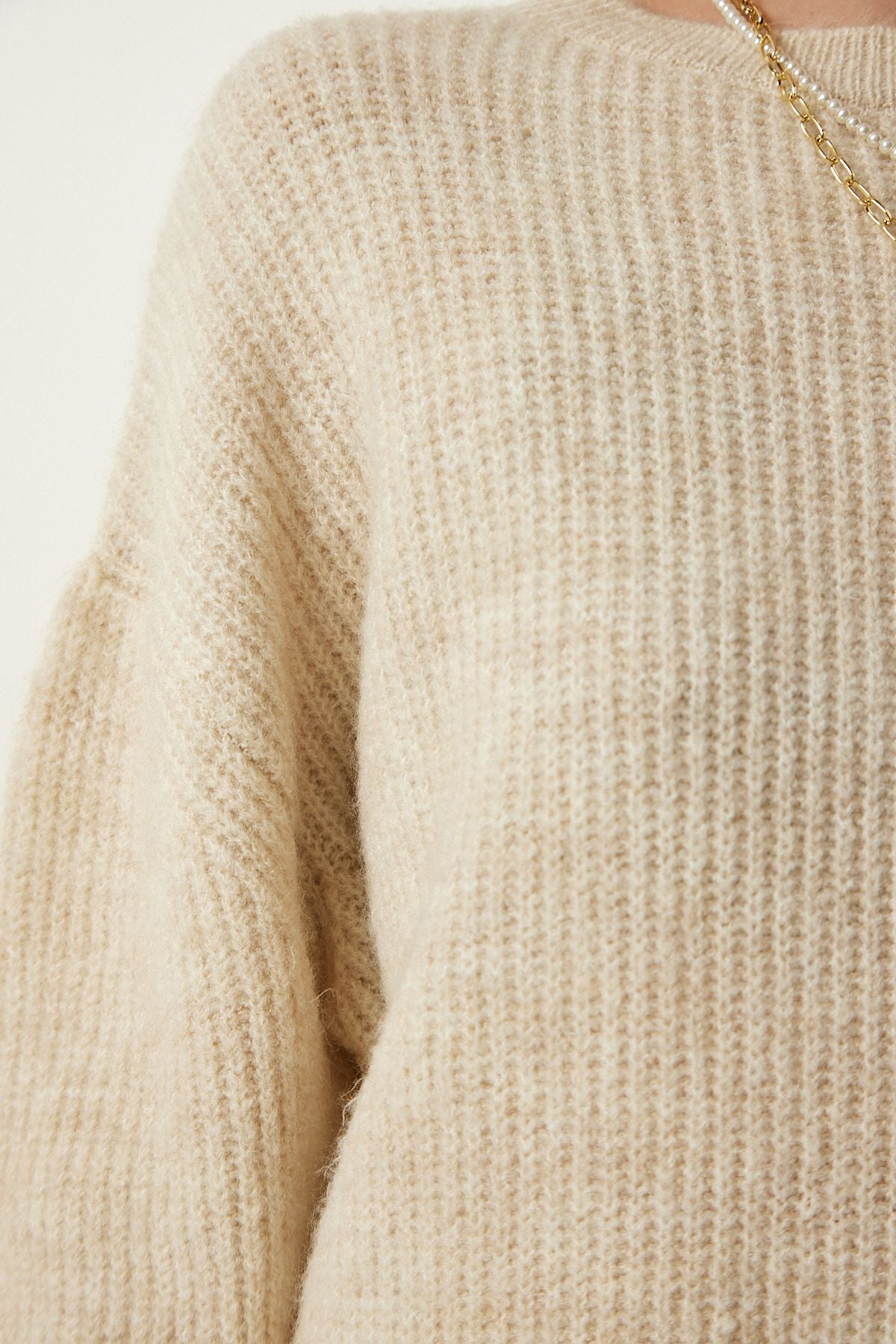 Cream Oversize Long Basic Knitwear Sweater BV00099