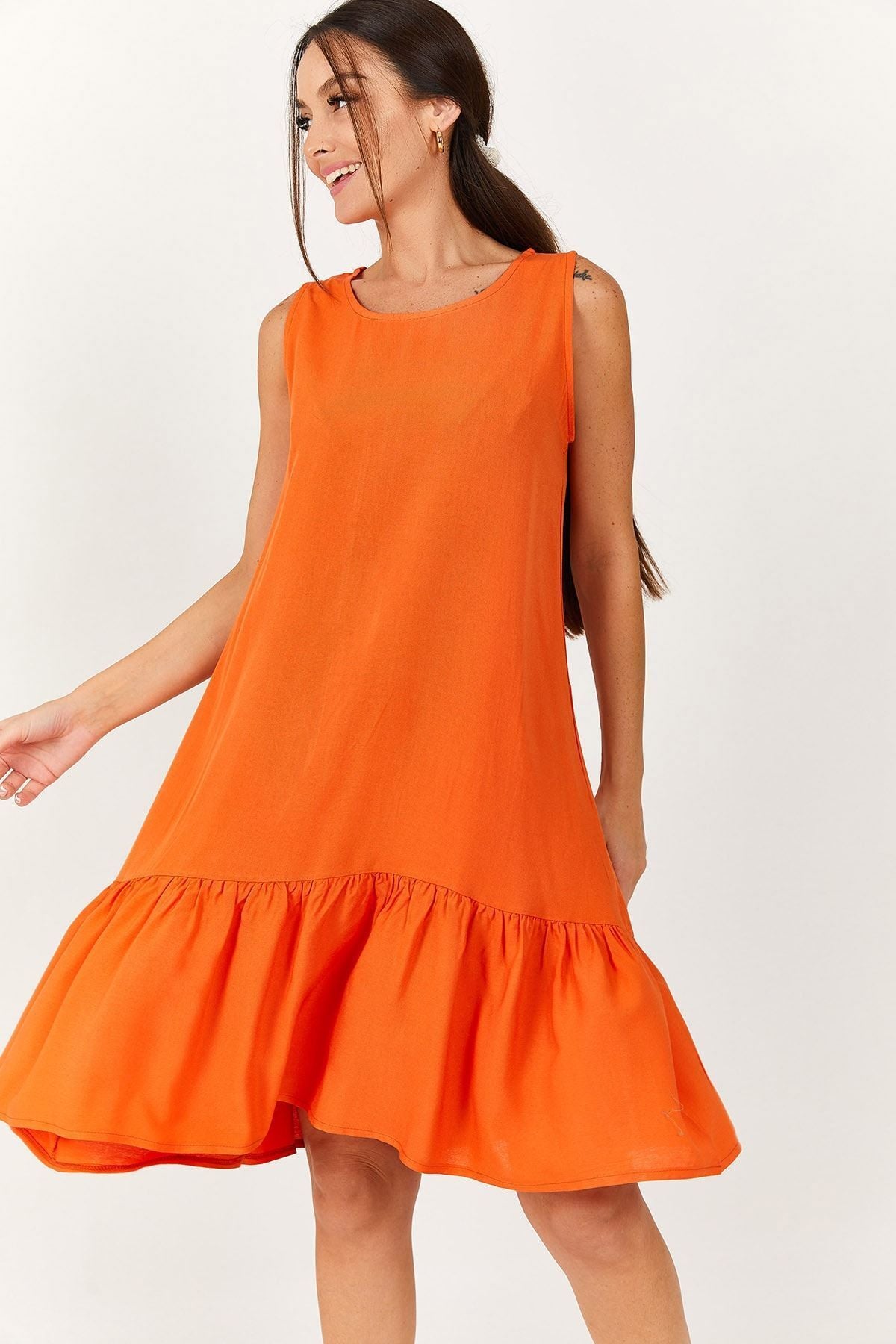 Women's Orange Sleeveless Skirt Ruffle Dress Arm-18y001156