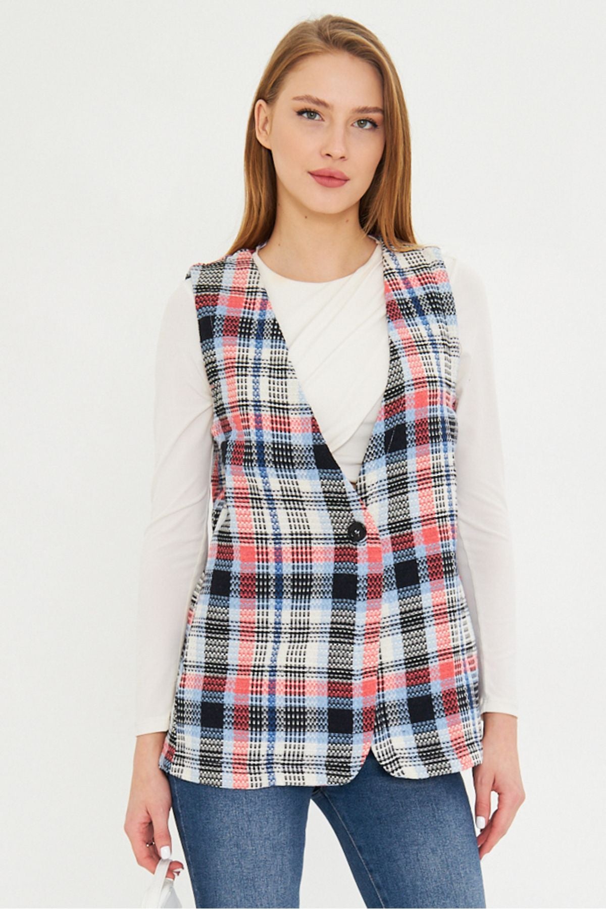Woman Baby Blue V-Neck Single Buttoned Oversiz vest with Arm-25k001111
