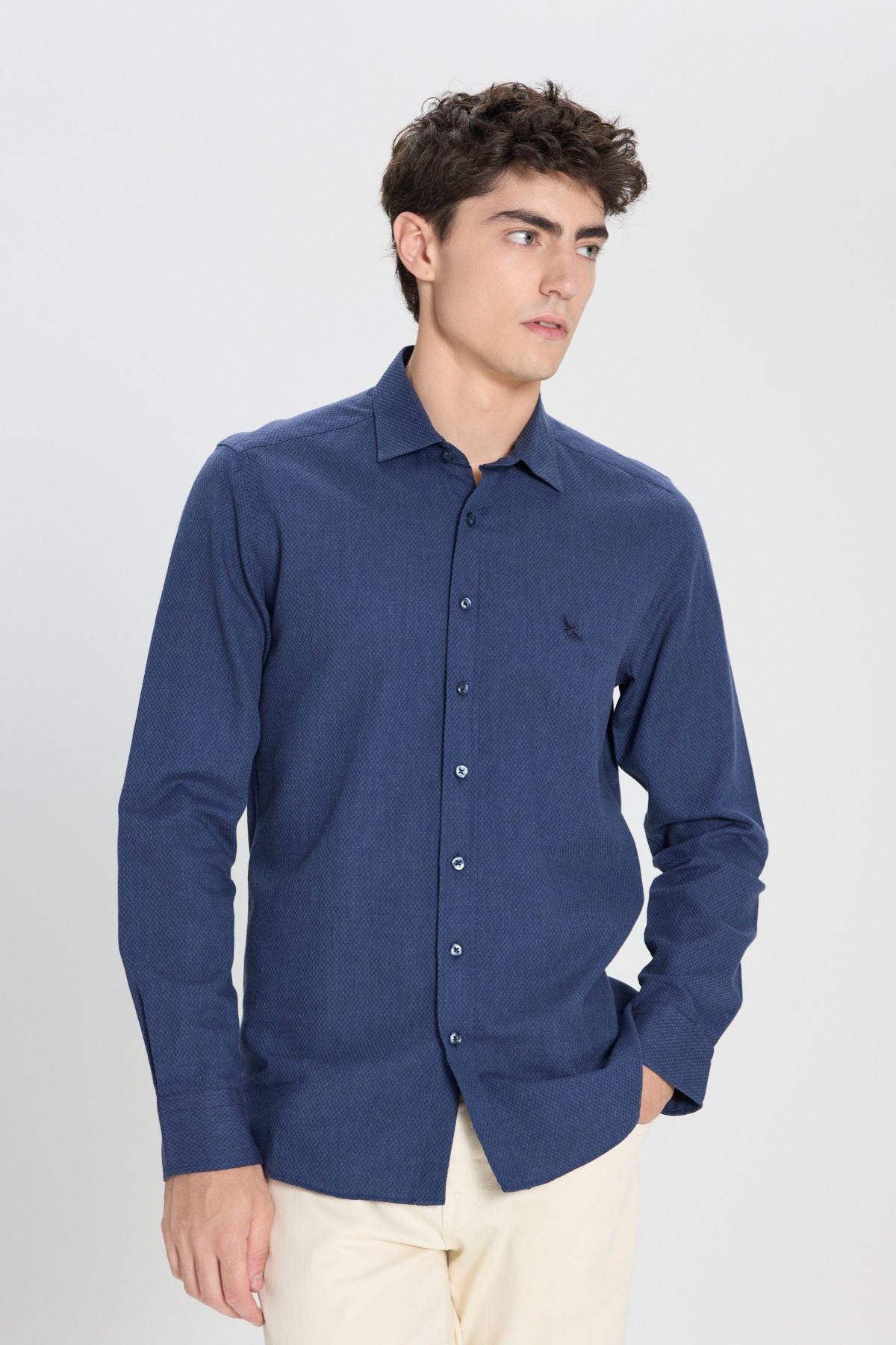 Men's Navy Blue 100 %Cotton Fland Flash Fit Narrow Cutter Classic Neck Clamping Shirt