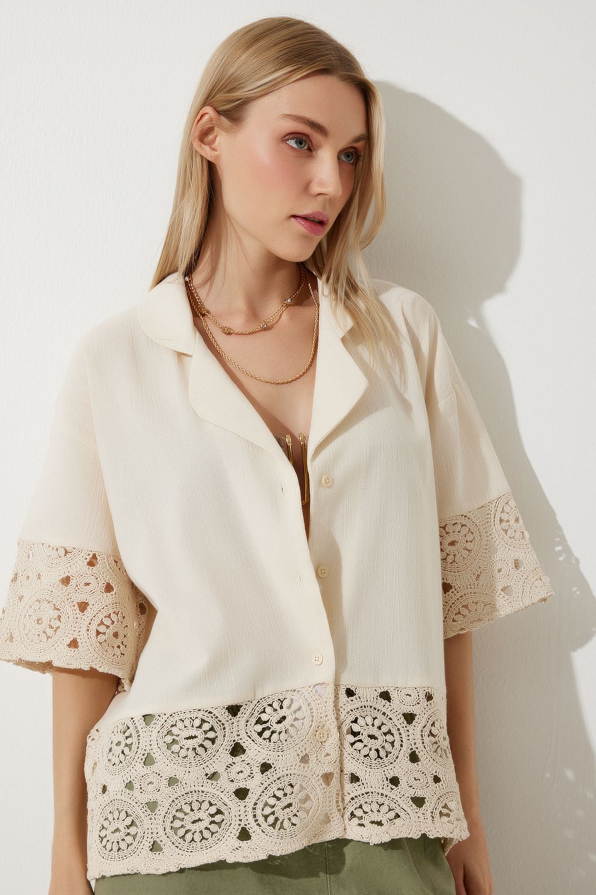 Female beige guipure raw linen shirt RG00033