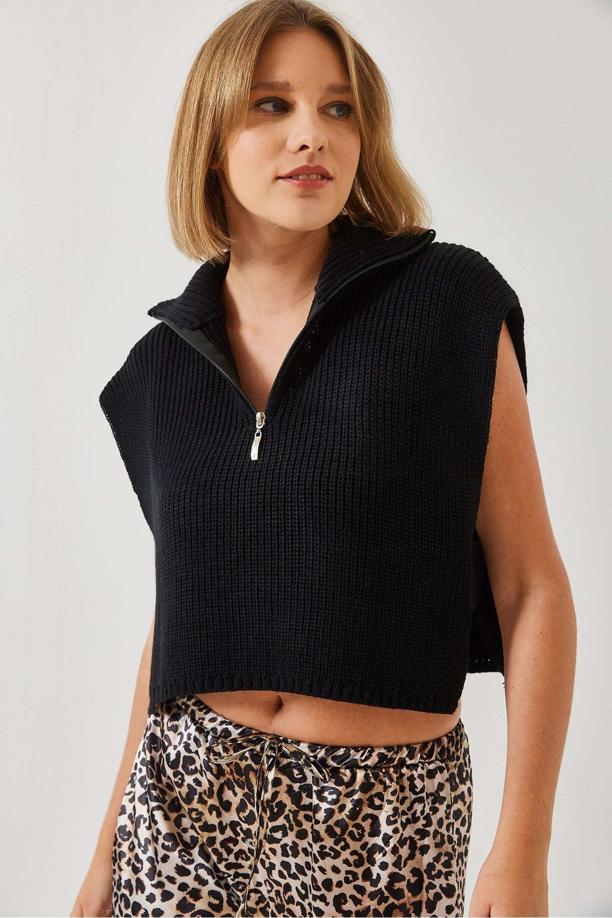 Women Zippered Knitwear Süveter 60261018