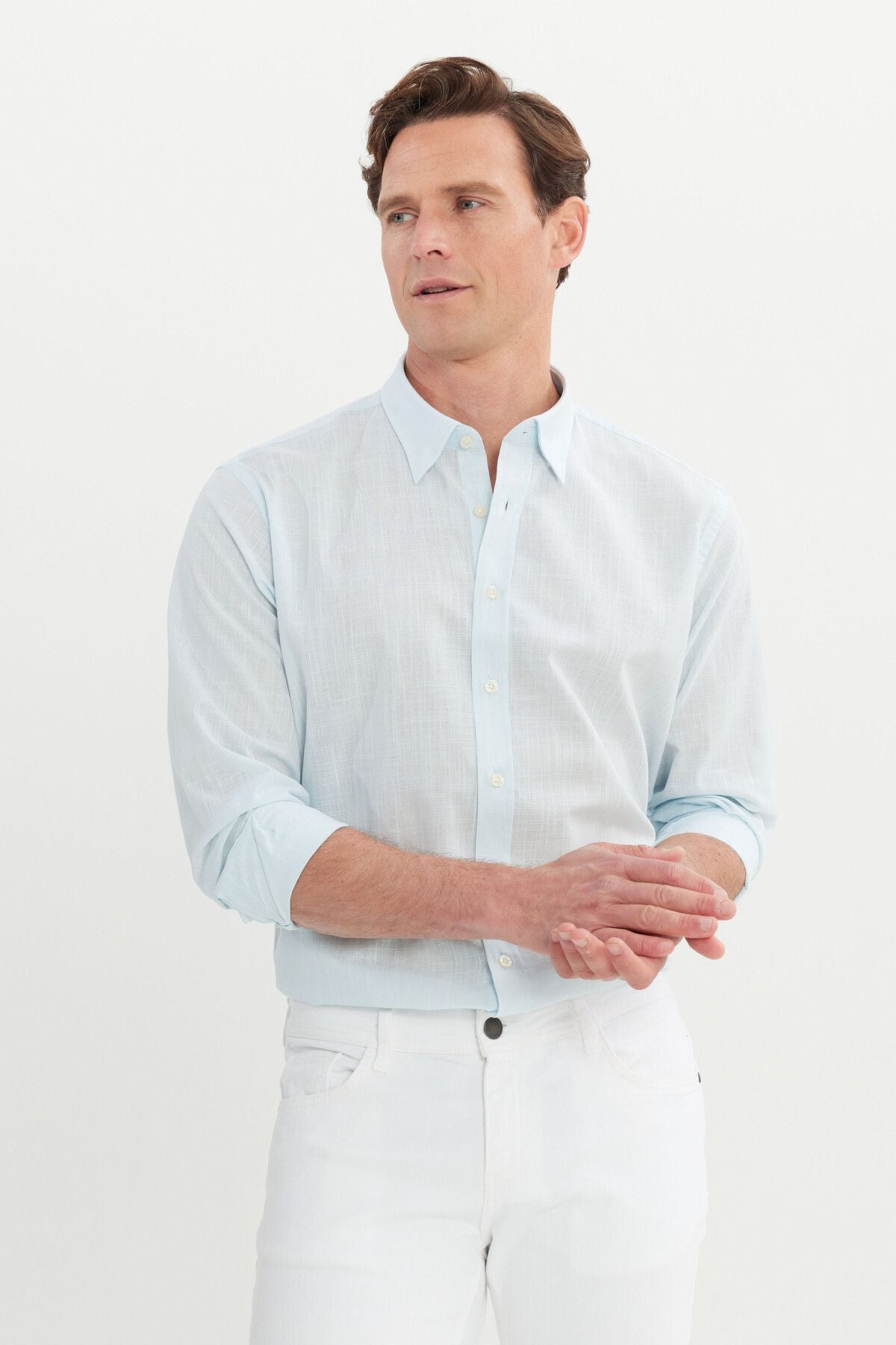 Men's Light Blue Comfort Fit comfortable cut hidden button collar 100 %cotton pennant shirt