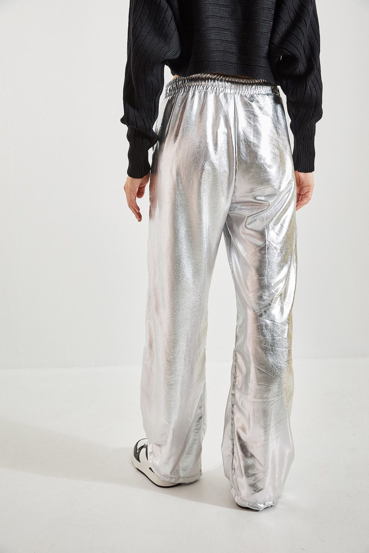 Women's waist rubber palazzo metallic coated pants