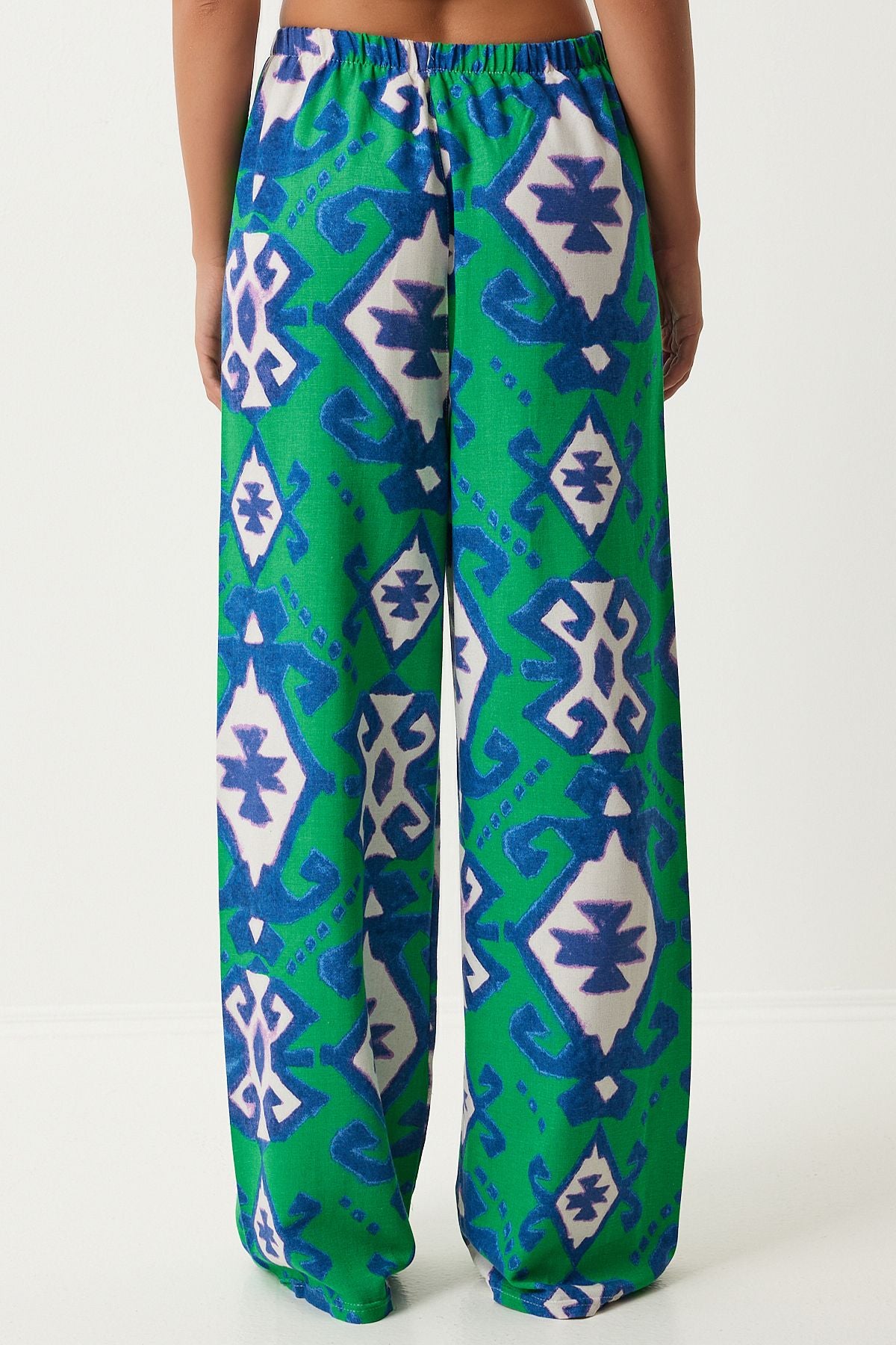 Female Green Blue Patterned Raw Linen Palazzo Pants BH00397