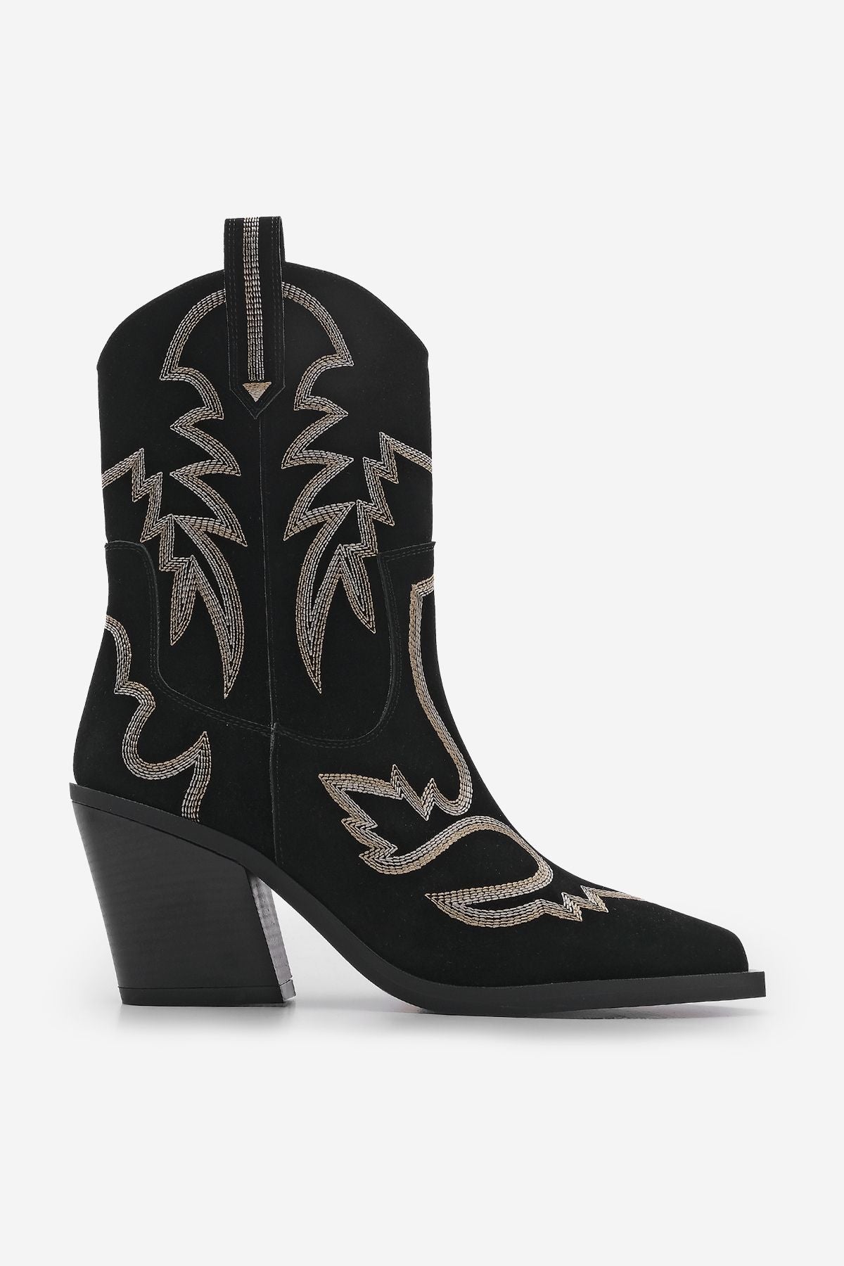 Woman Pointed Nose Embroidery Western Bot Mauled Black Suede