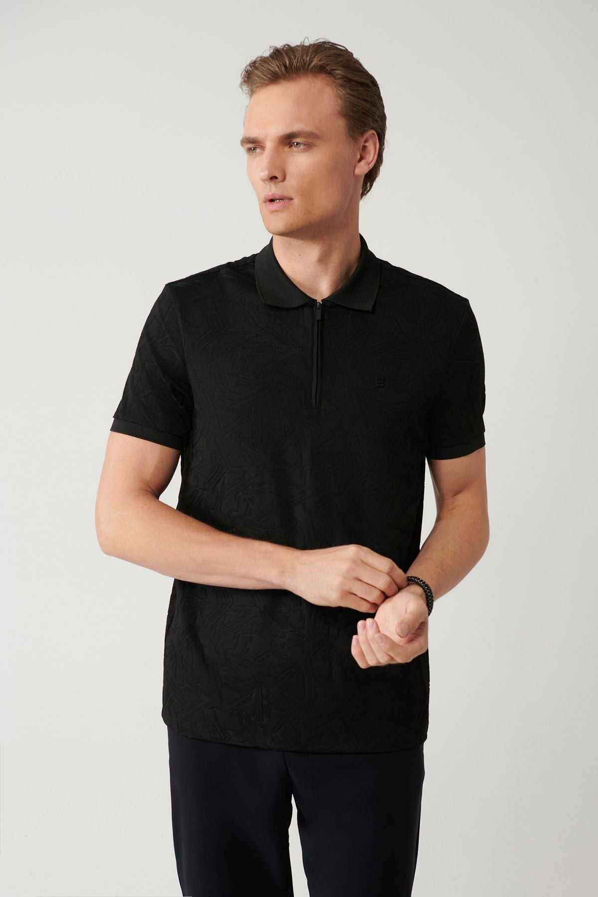 Men's Black Zipper Jacquard Polo Yaka T-shirt A41y1118