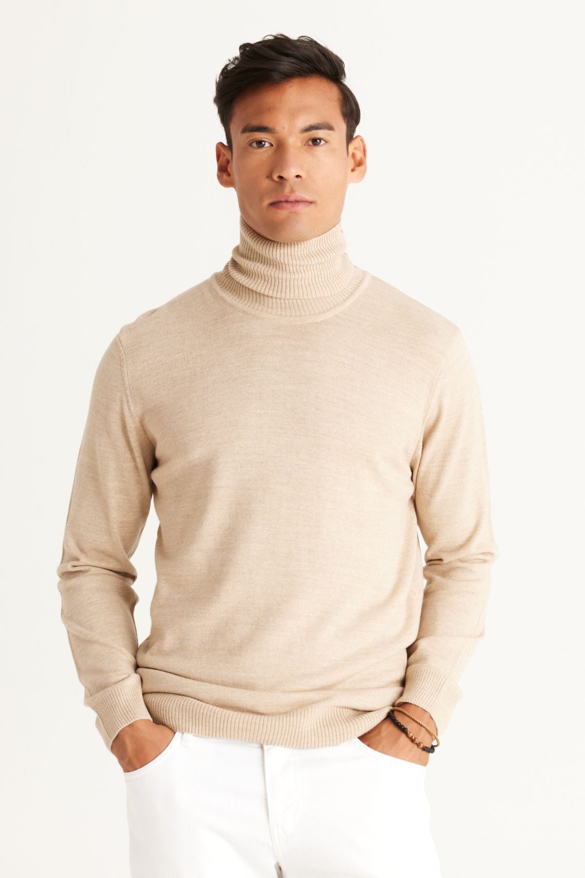 Men's beige standard Fit Normal Cutting Full Fishing Yaka Knitwear Sweater