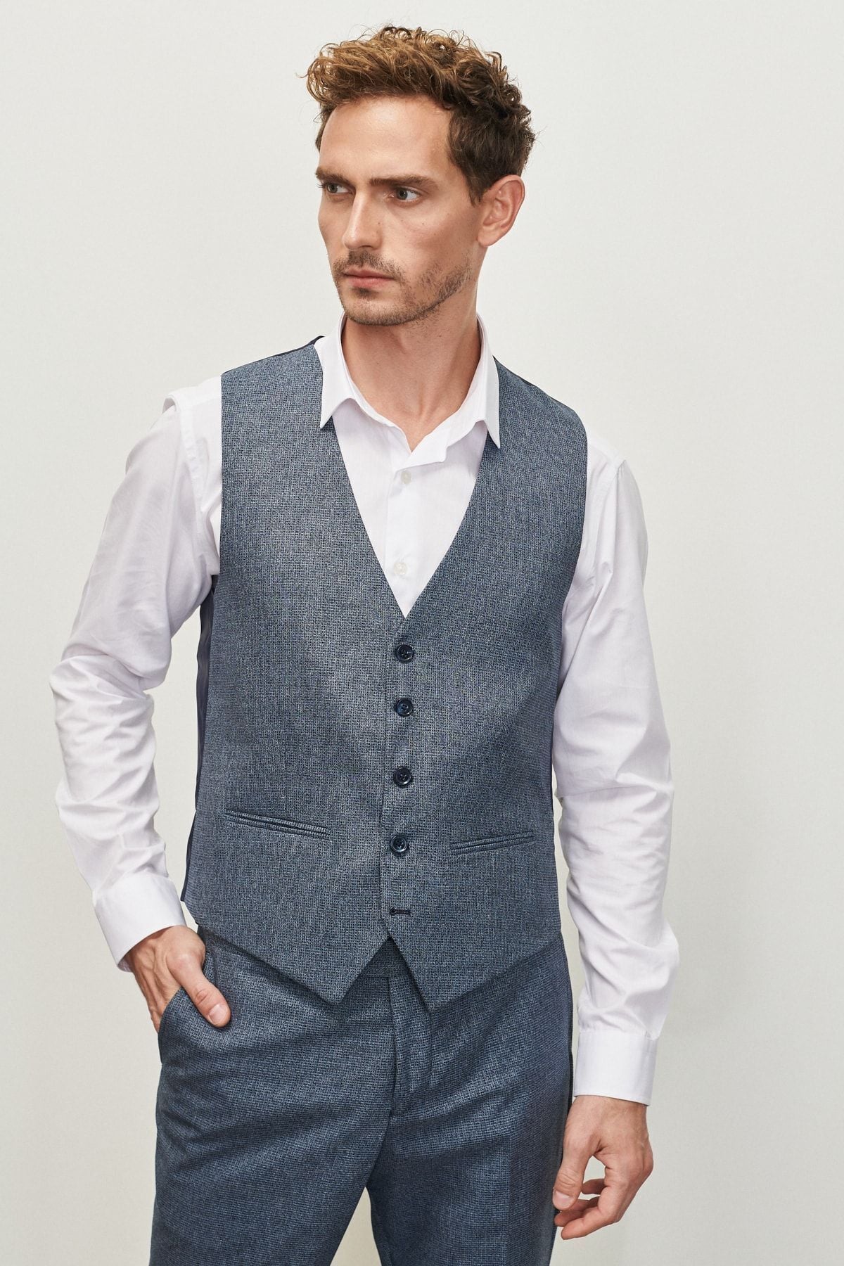 Men's dark navy blue slim fit narrow cutting mono collar plaid suit suits with vest