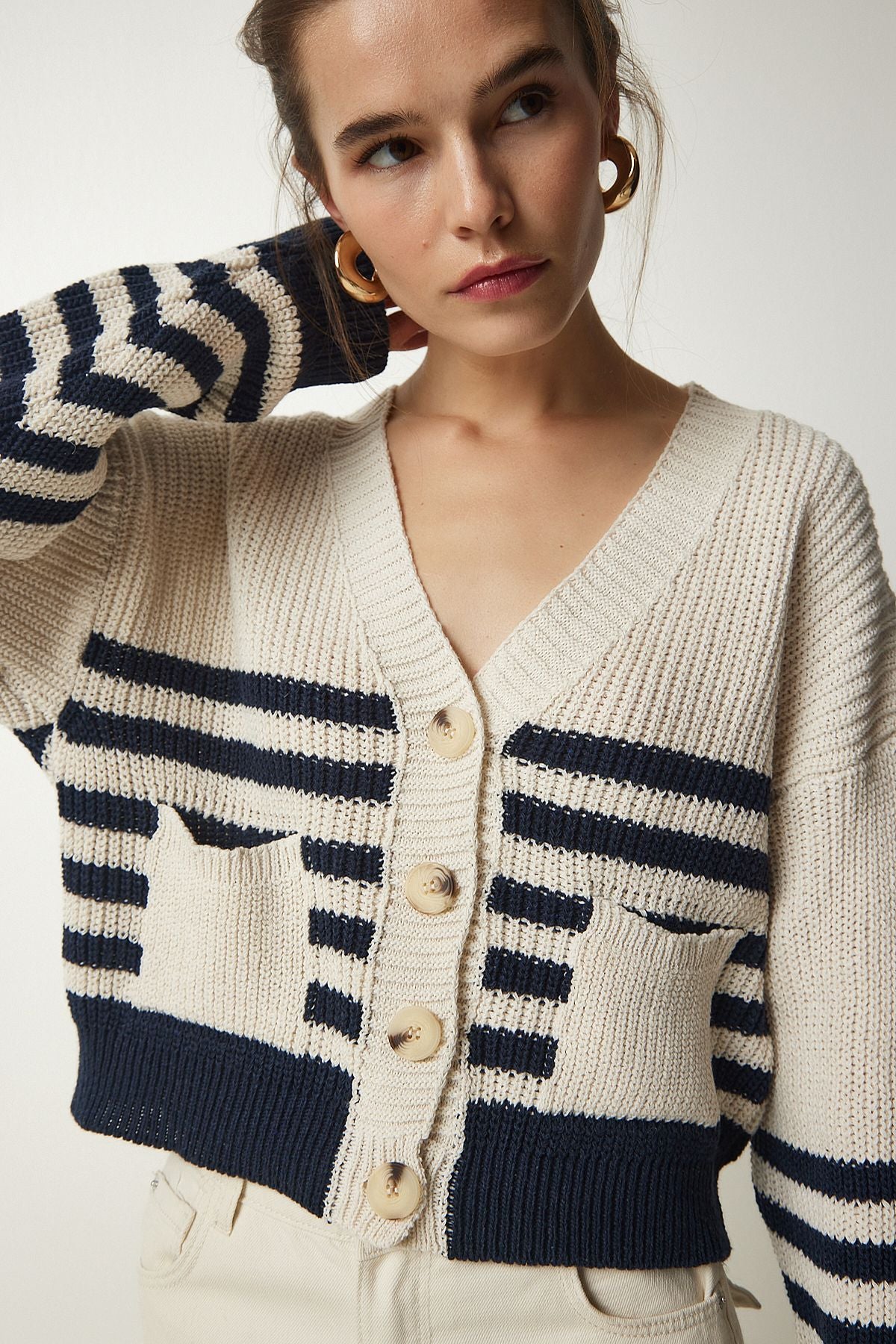 Woman Beige Navy blue striped knitwear cardigan MC00237