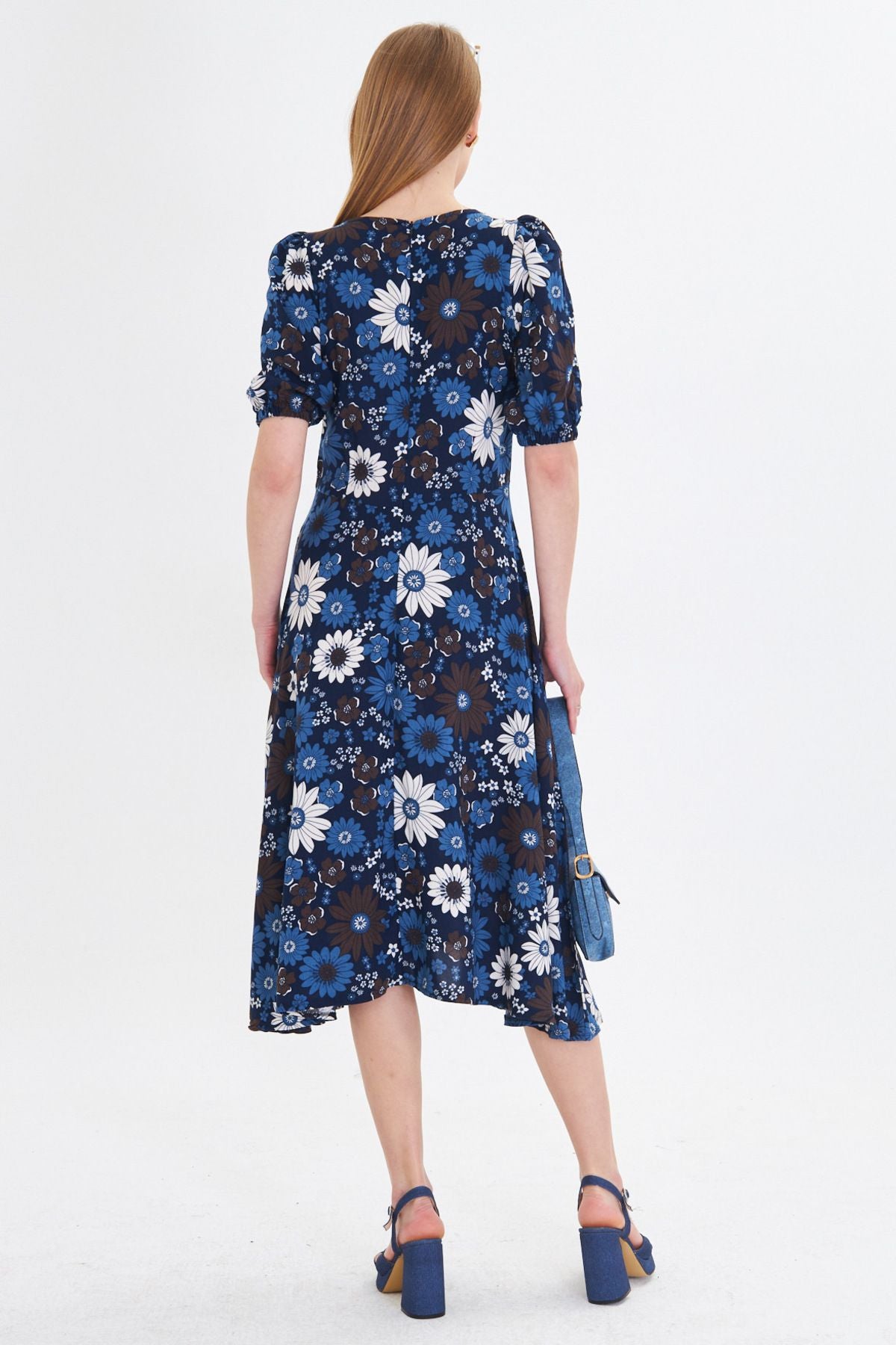 Women's Blue U Neck Arms with rubber midi height height dress ARM-25Y001004