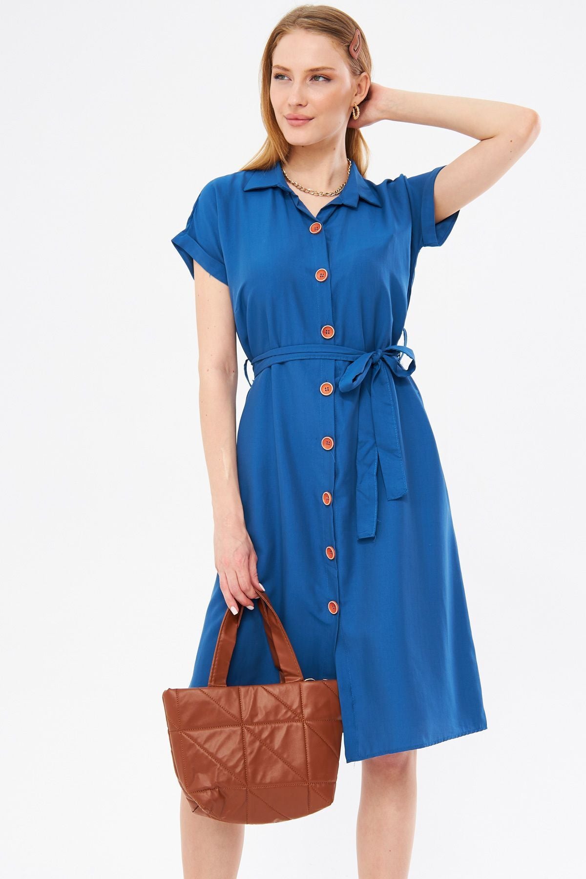 Woman Dark Blue Waist Belt Short Sleeve Shirt Dress ARM-19Y001068