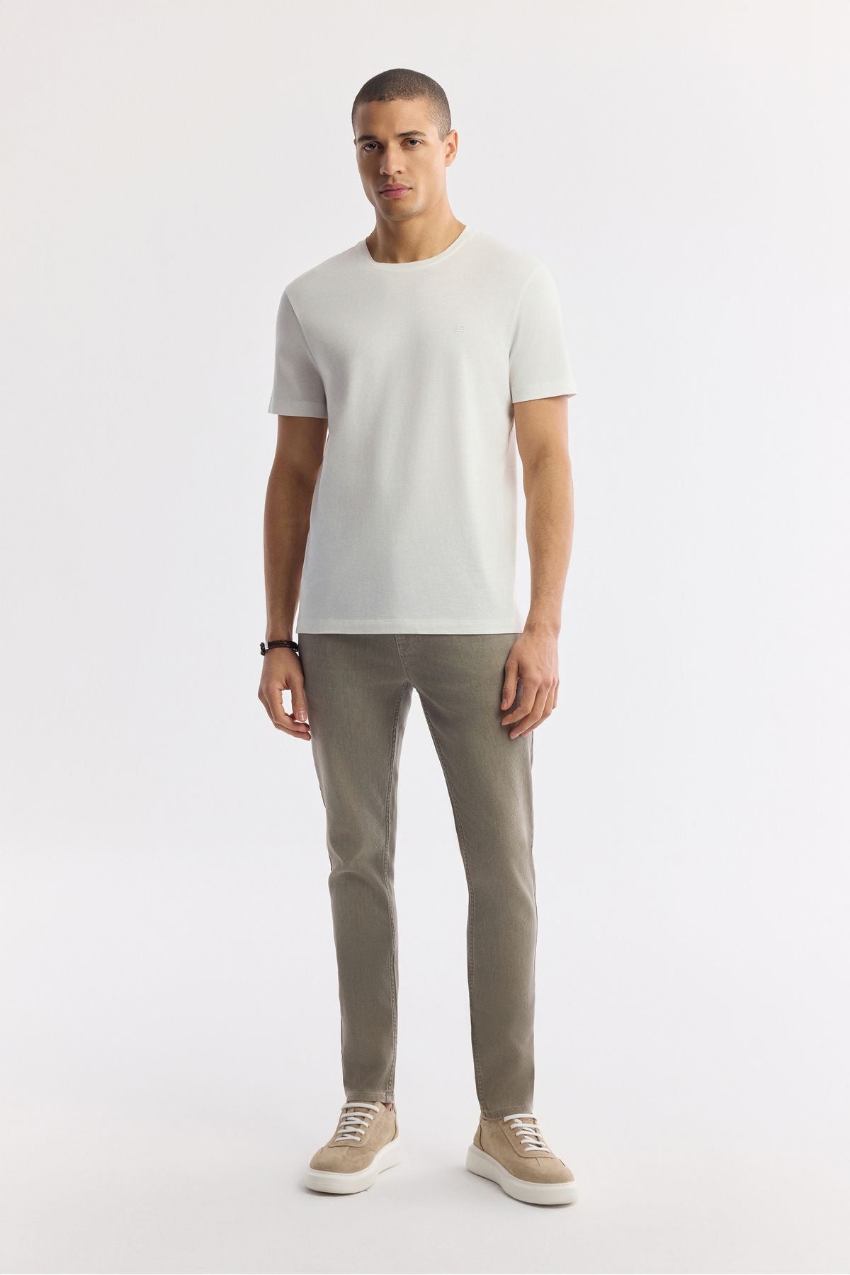 Men's Beige Stone Wash Knitting Slim Fit Denim Trousers A51y3516