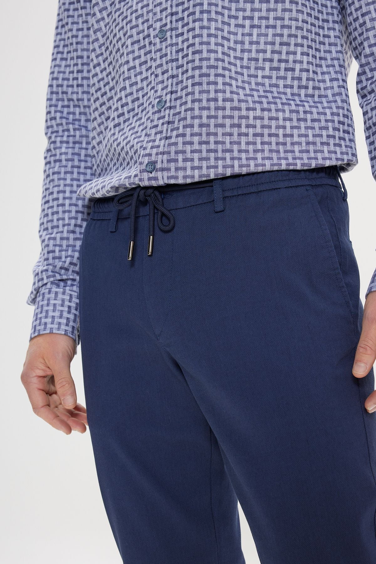 Men's Navy Blue Comfort Fit Casual Cut Cotton Waist Tied Side Pocket Amelor Pants