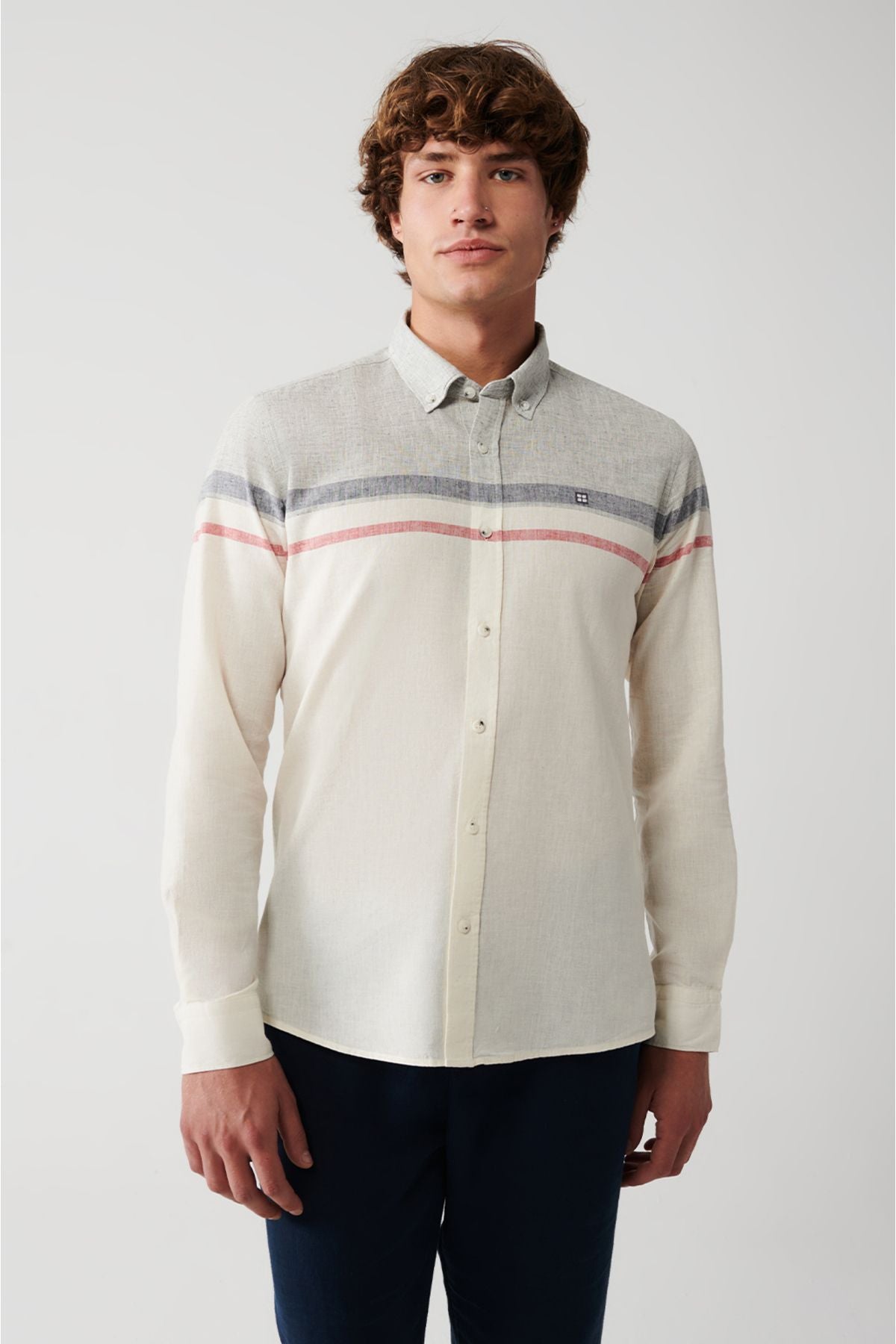 Men's white cotton linen mixed striped shirt A31y2269