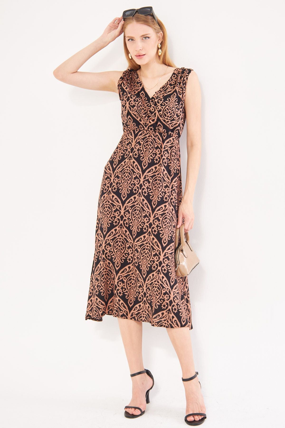 WOMEN'S BLACK-KAHVE patterned waist and shoulder-tire-cruve collar midi size dress ARM-24Y001052