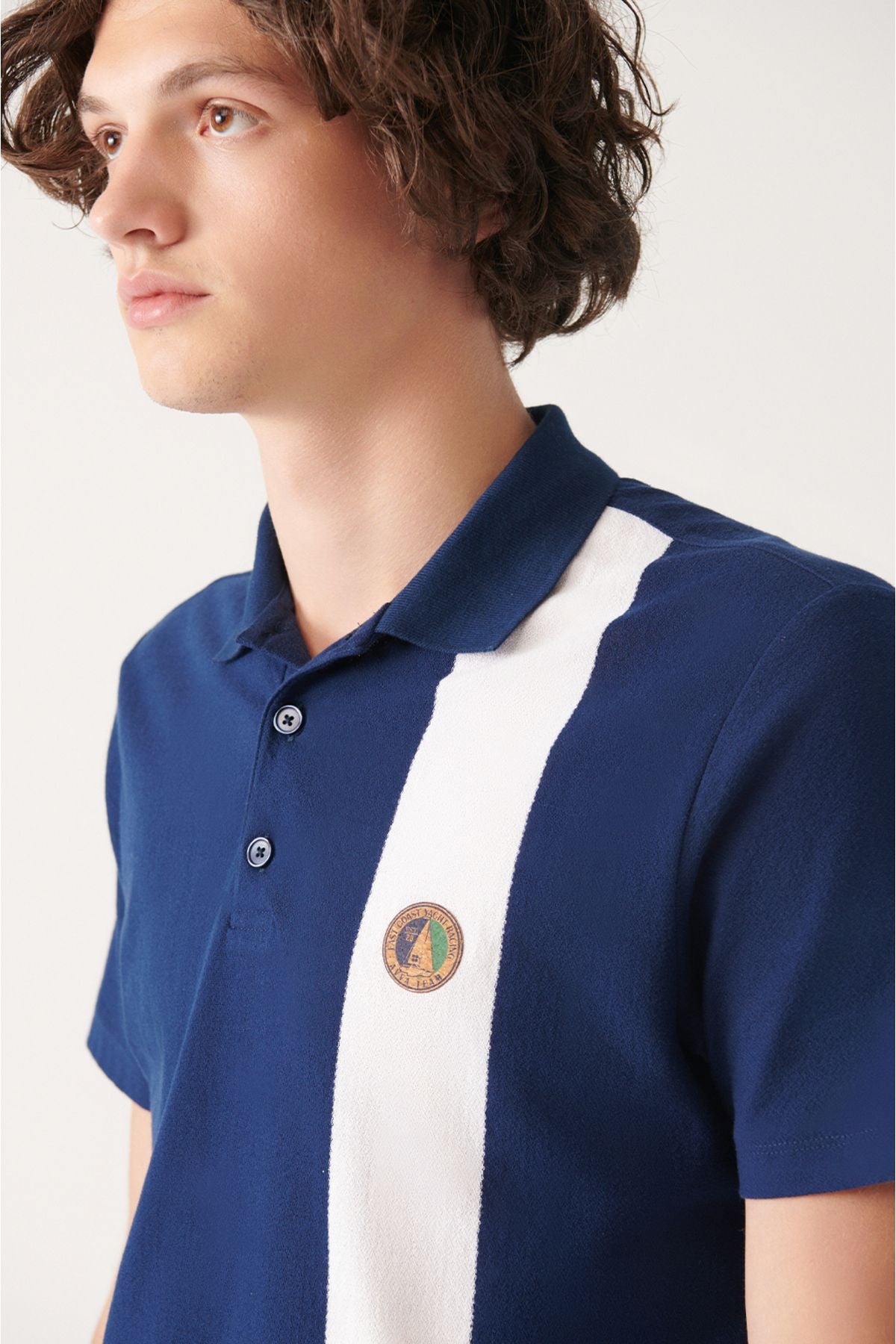 Men's navy blue polo collar cotton marinated t-shirt A31y1023