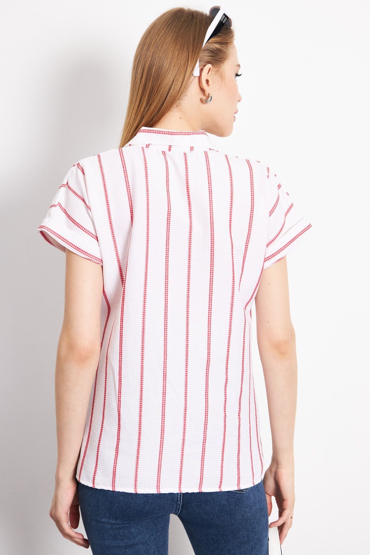 Woman Red striped short sleeve shirt ARM-24Y001067
