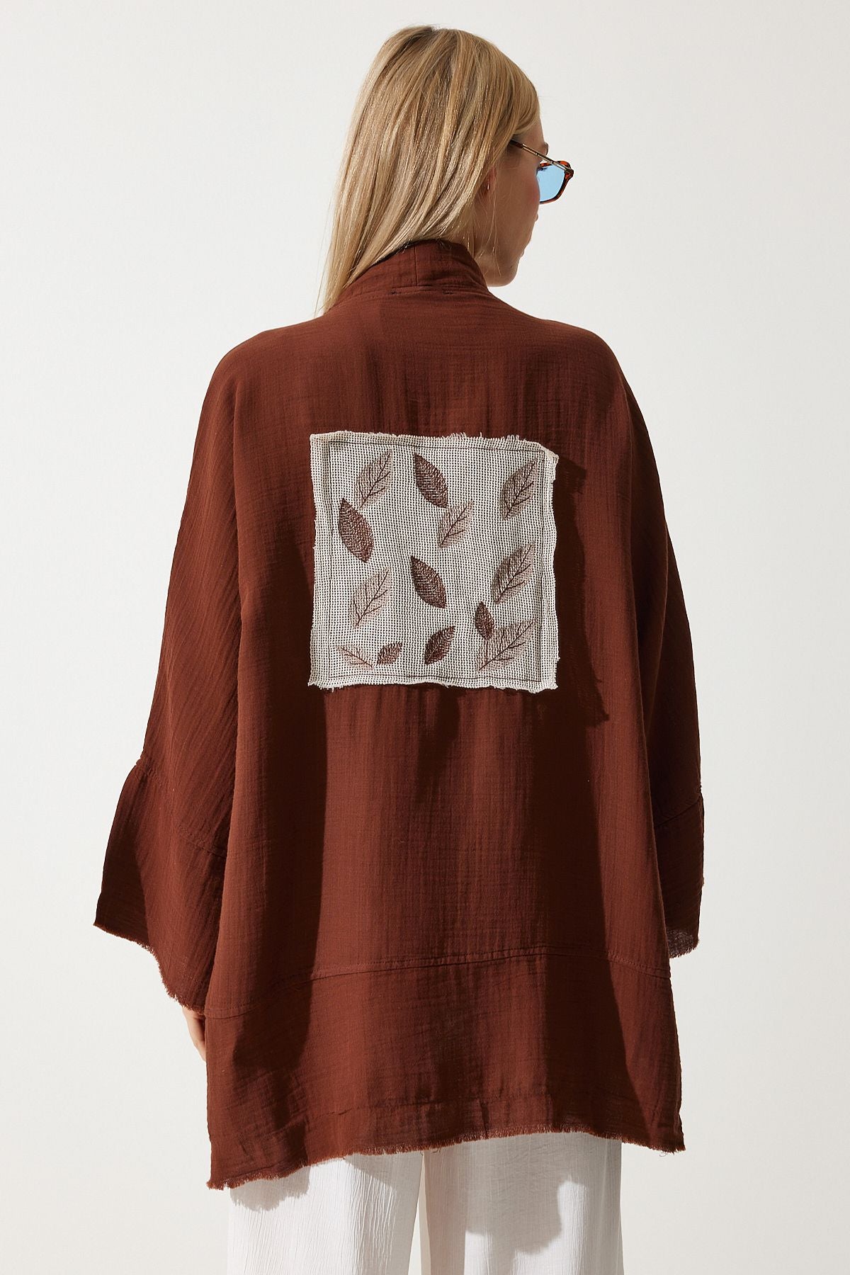 Female Brown Flower Detail Premium Muslin Kimono RG00030