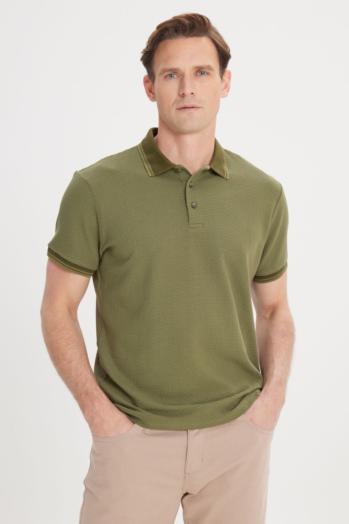 Men's Khaki Slim Fit Narrow Cut 100 %Cotton Polo Yaka Amelor T -shirt