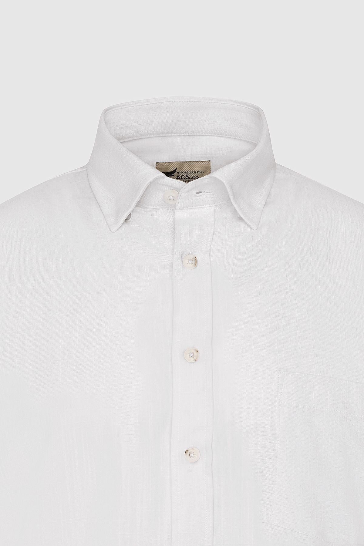 Men's White Comfort Fit Casual Cutting Buttoned Neck Linen Look 100 %Cotton Short Sleeve Shirt