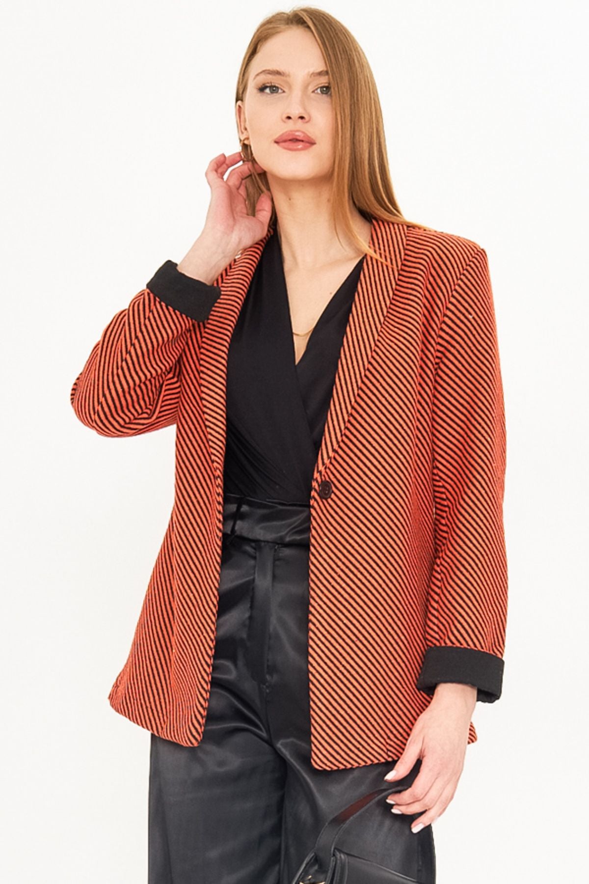Women's Orange striped arm folded single button stamp jacket ARM-25K001106