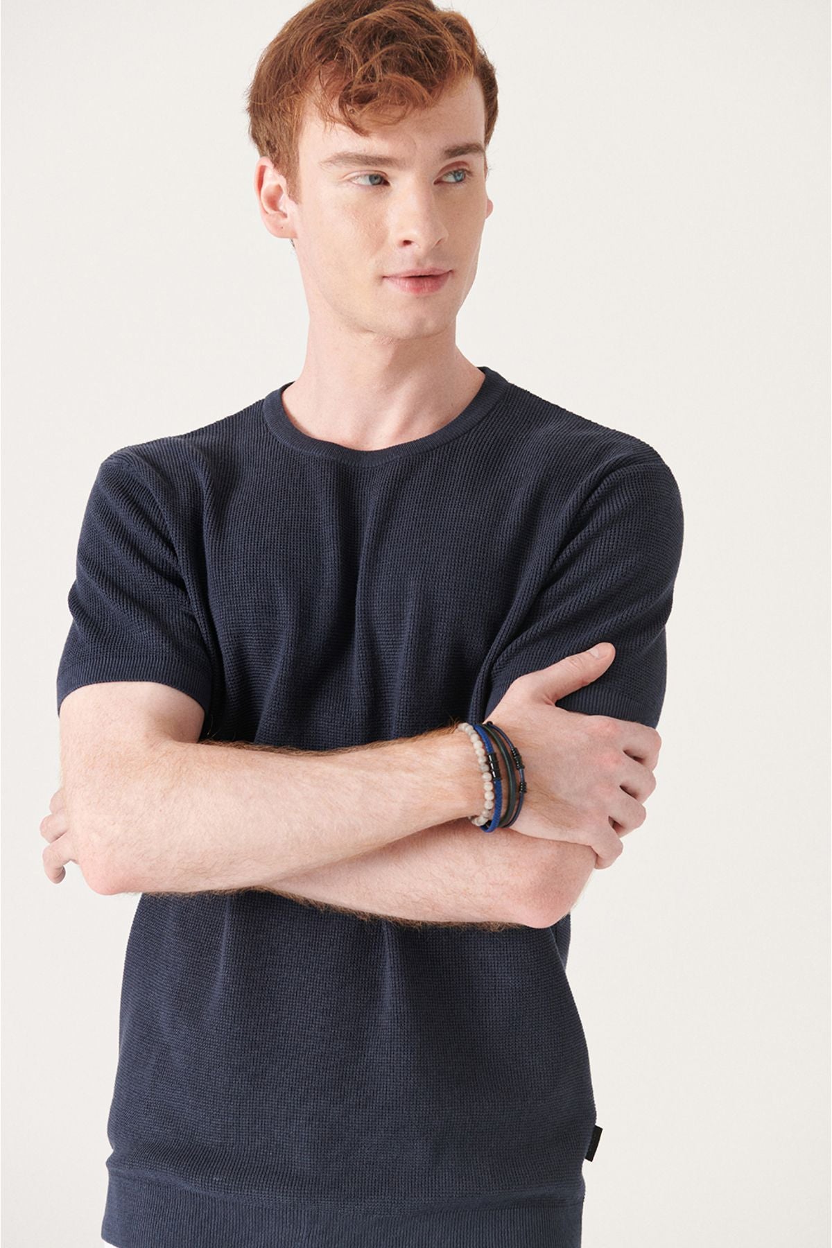 Men's Navy Modal Bicycle Collar textured riban knitwear T-shirt B005010