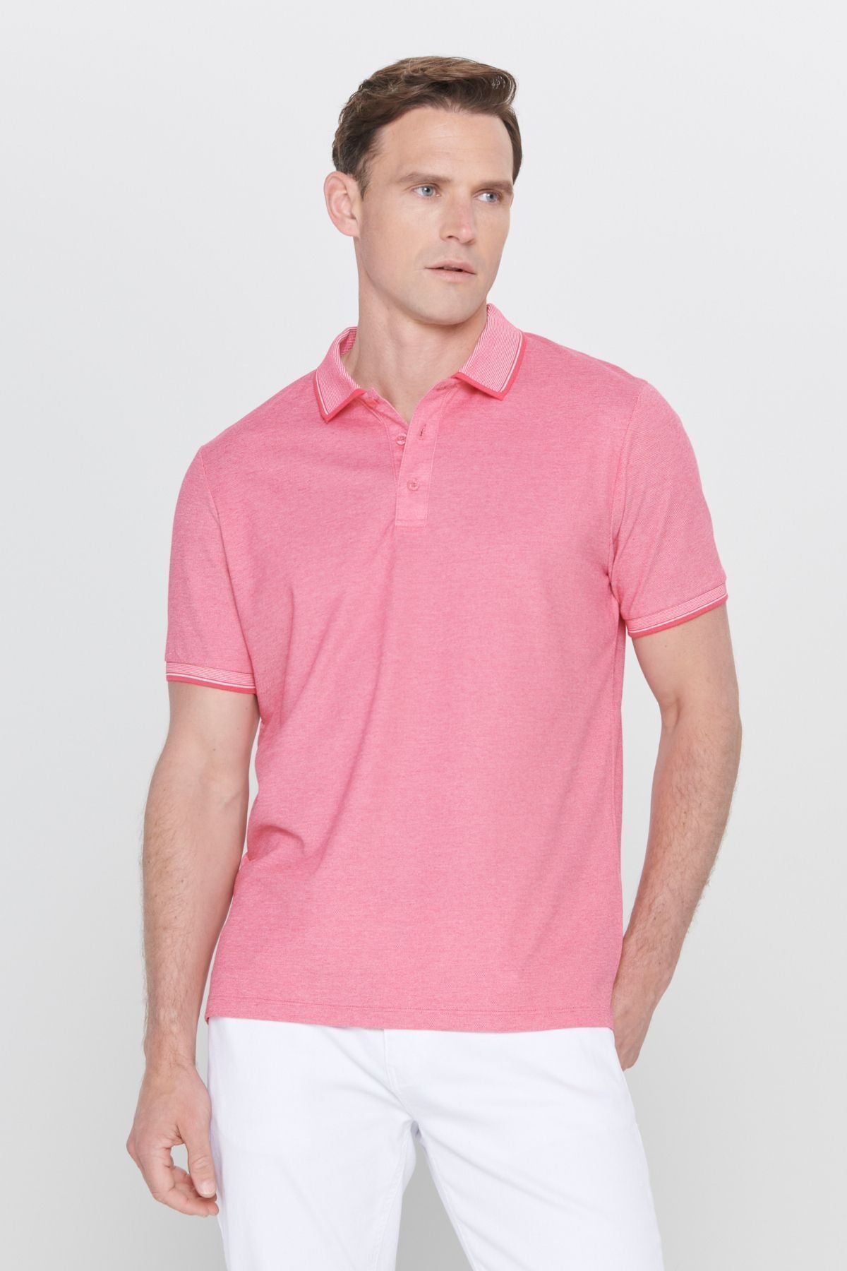 Men-Plugging Cotton Fabric Slim Fit Narrow Cut Fuchsia-White Curled Polo Yaka T-shirt