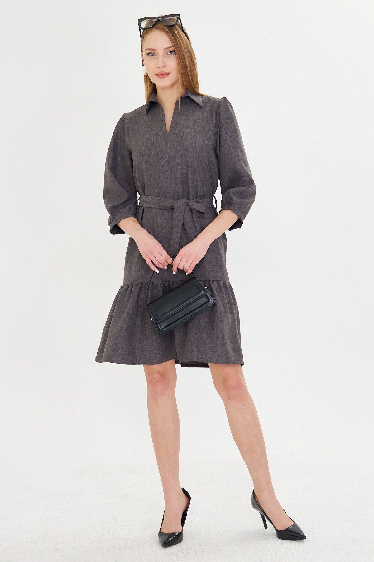 WOMEN'S SMOKE SHIPS COLLAR QUILE SOLD BELEED SNECT SNIST SHIRT DRESS ARM-25Y001010