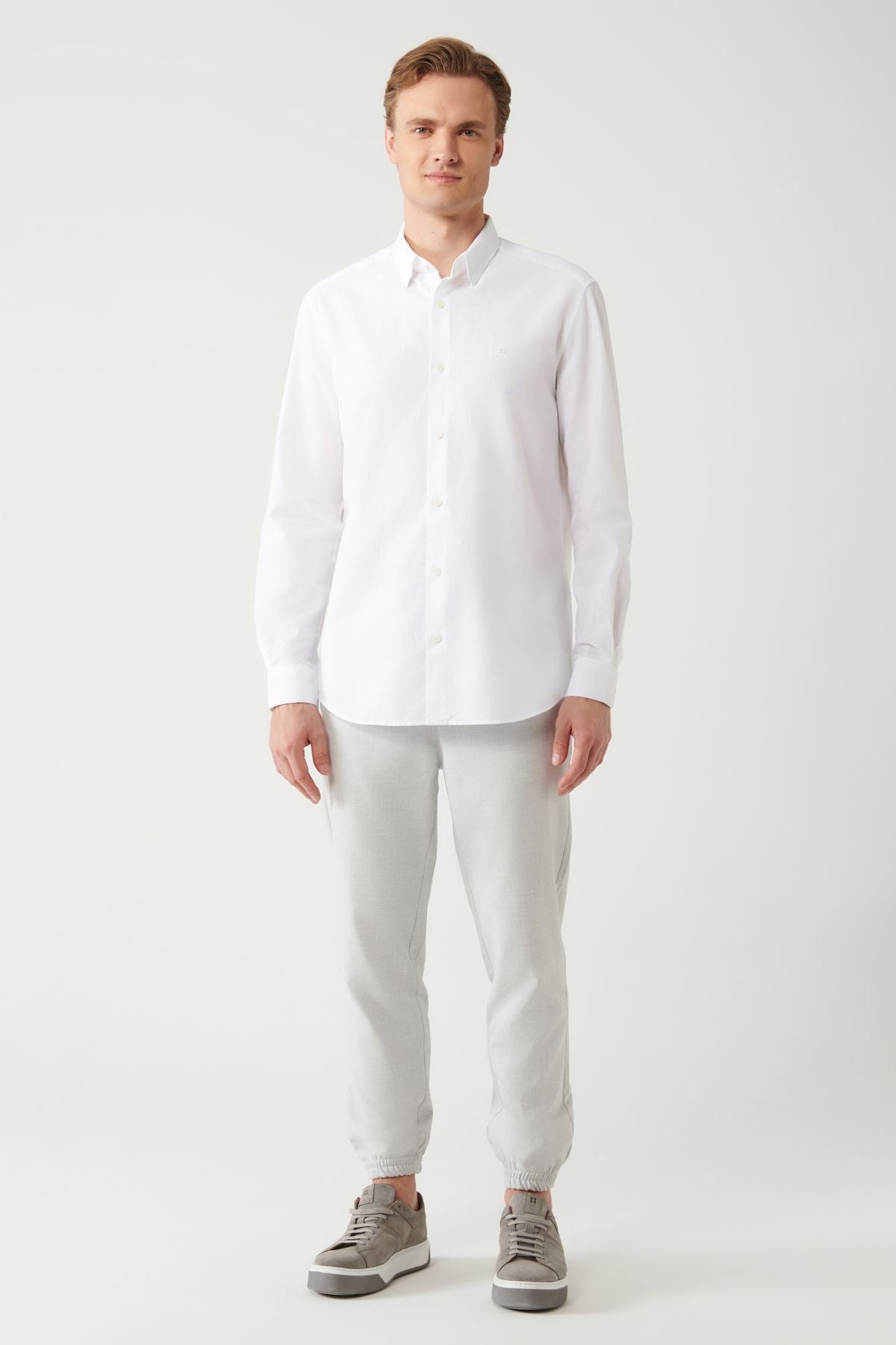 Men's White 100 %Cotton Jacquard Patterned Shirt A32Y2175