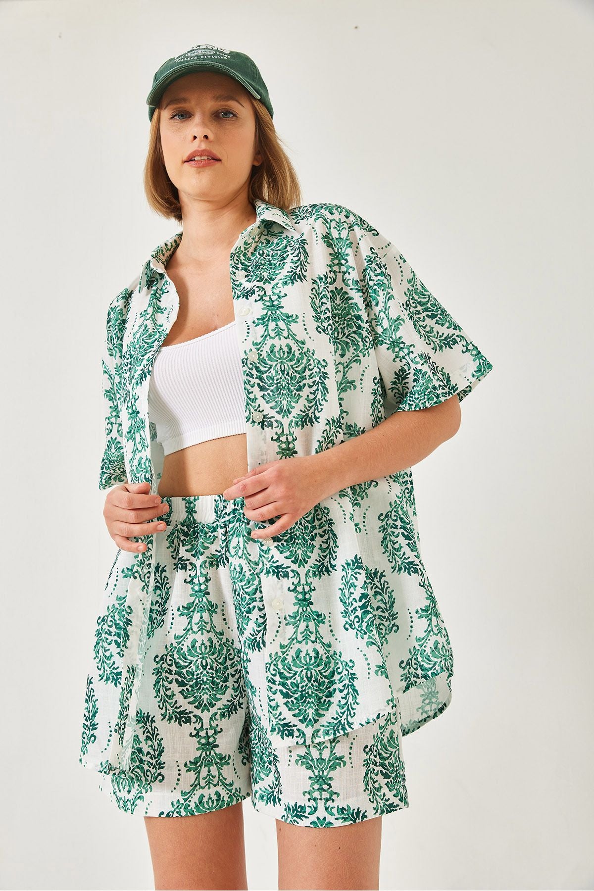 Women's tropical patterned weaving shirt shorts upset team 60255 60271035
